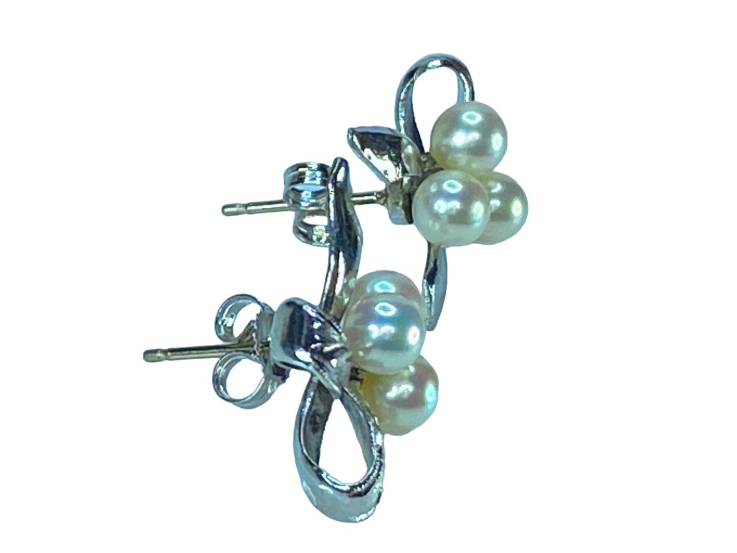 MIKIMOTO 14K/SS 4.5mm Three Akoya Pearls Ribbon bow stud earrings