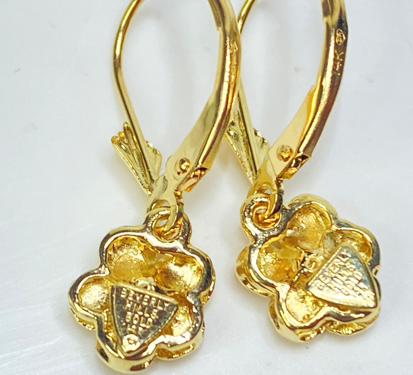 14K Gold Floral Drop Earrings Florentine Pink Center Leverback Jewelry JR1132