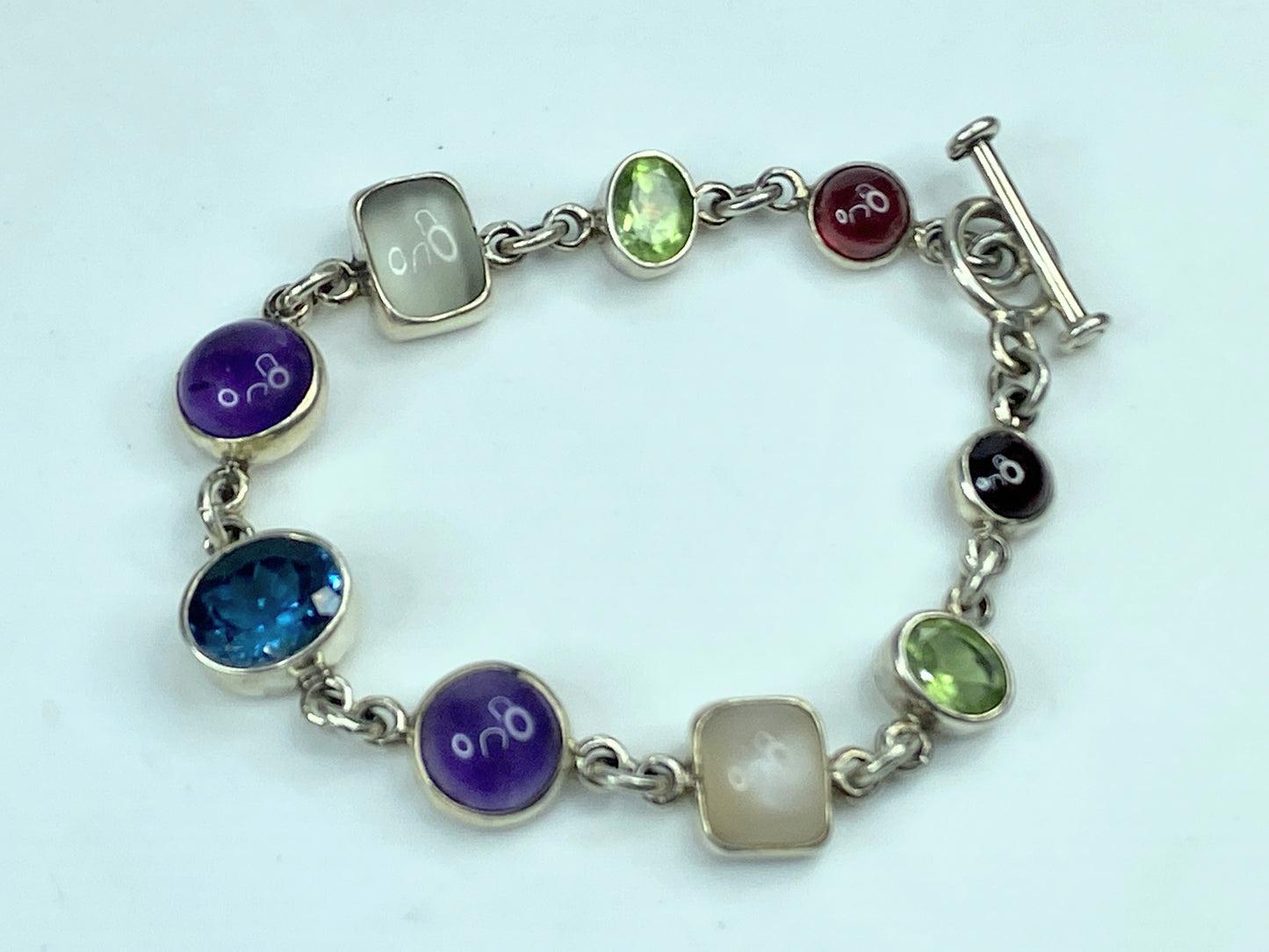 Obsidian Sterling silver Multiple colorful Gemstone bezel bracelet 8" JR646