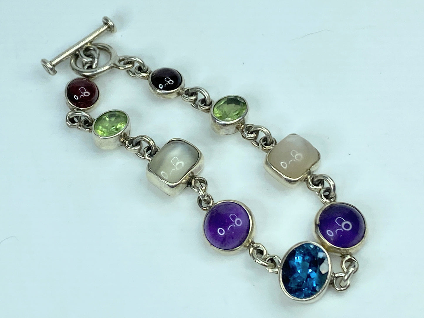 Obsidian Sterling silver Multiple colorful Gemstone bezel bracelet 8" JR646