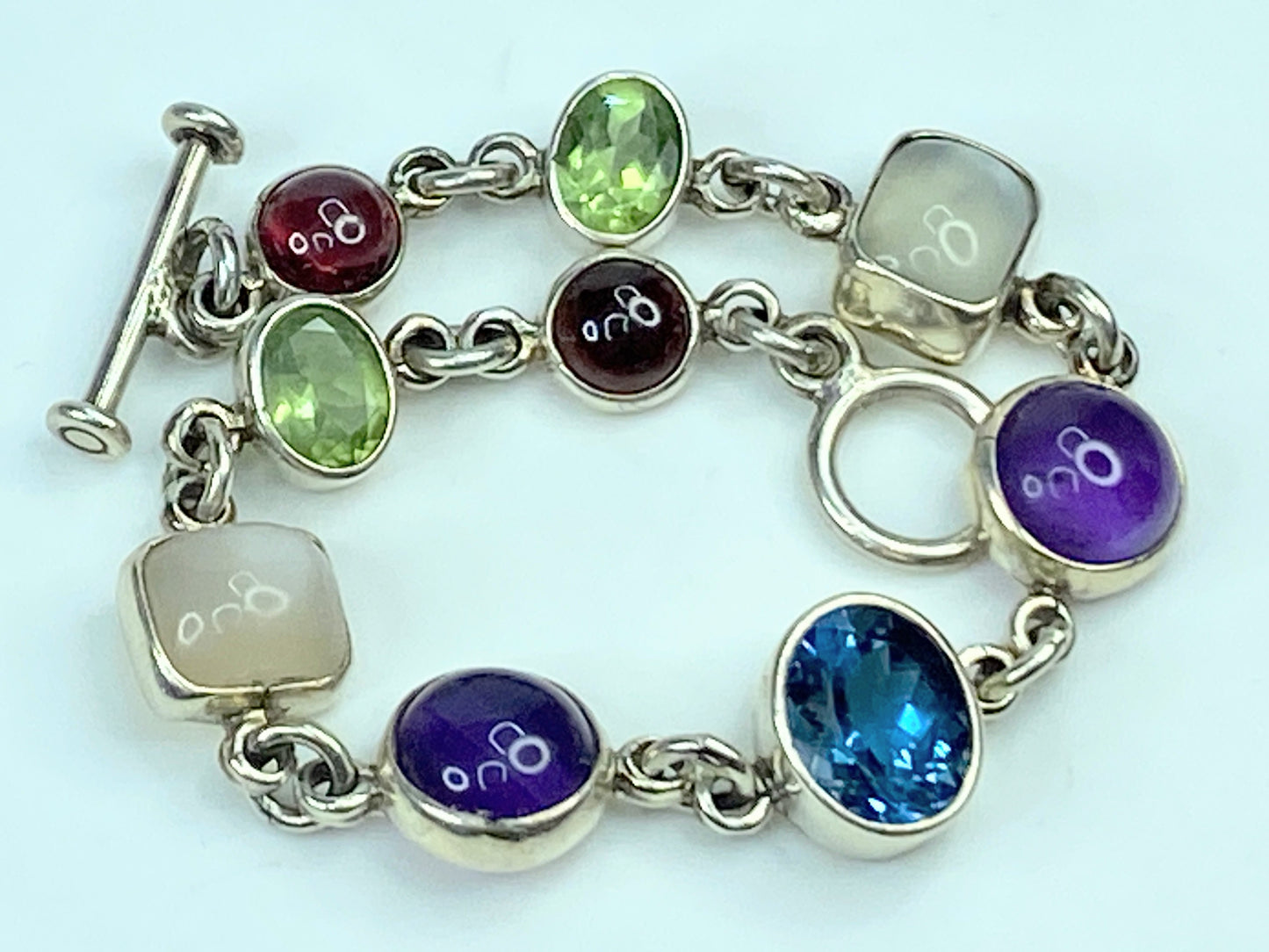 Obsidian Sterling silver Multiple colorful Gemstone bezel bracelet 8" JR646