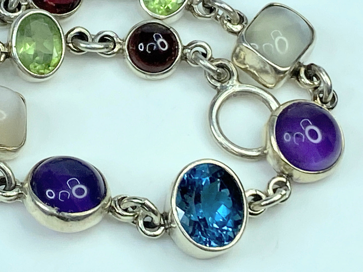 Obsidian Sterling silver Multiple colorful Gemstone bezel bracelet 8" JR646
