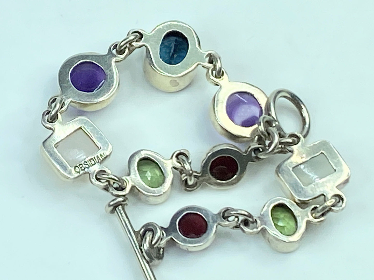 Obsidian Sterling silver Multiple colorful Gemstone bezel bracelet 8" JR646
