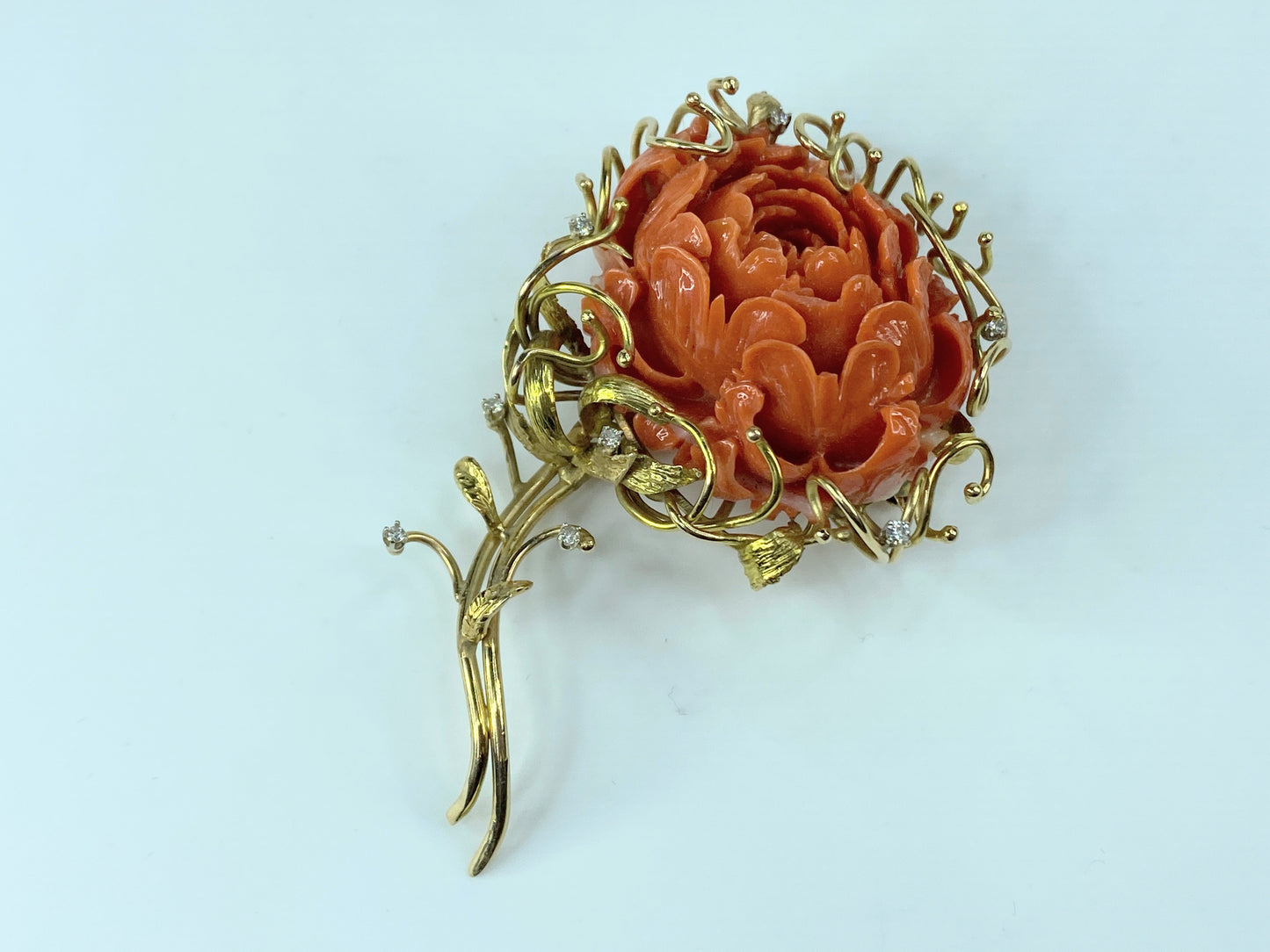 Victorian 15K deep carved Coral Peony 0.22ct G/VS Diamond brooch 3 1/8" JR148