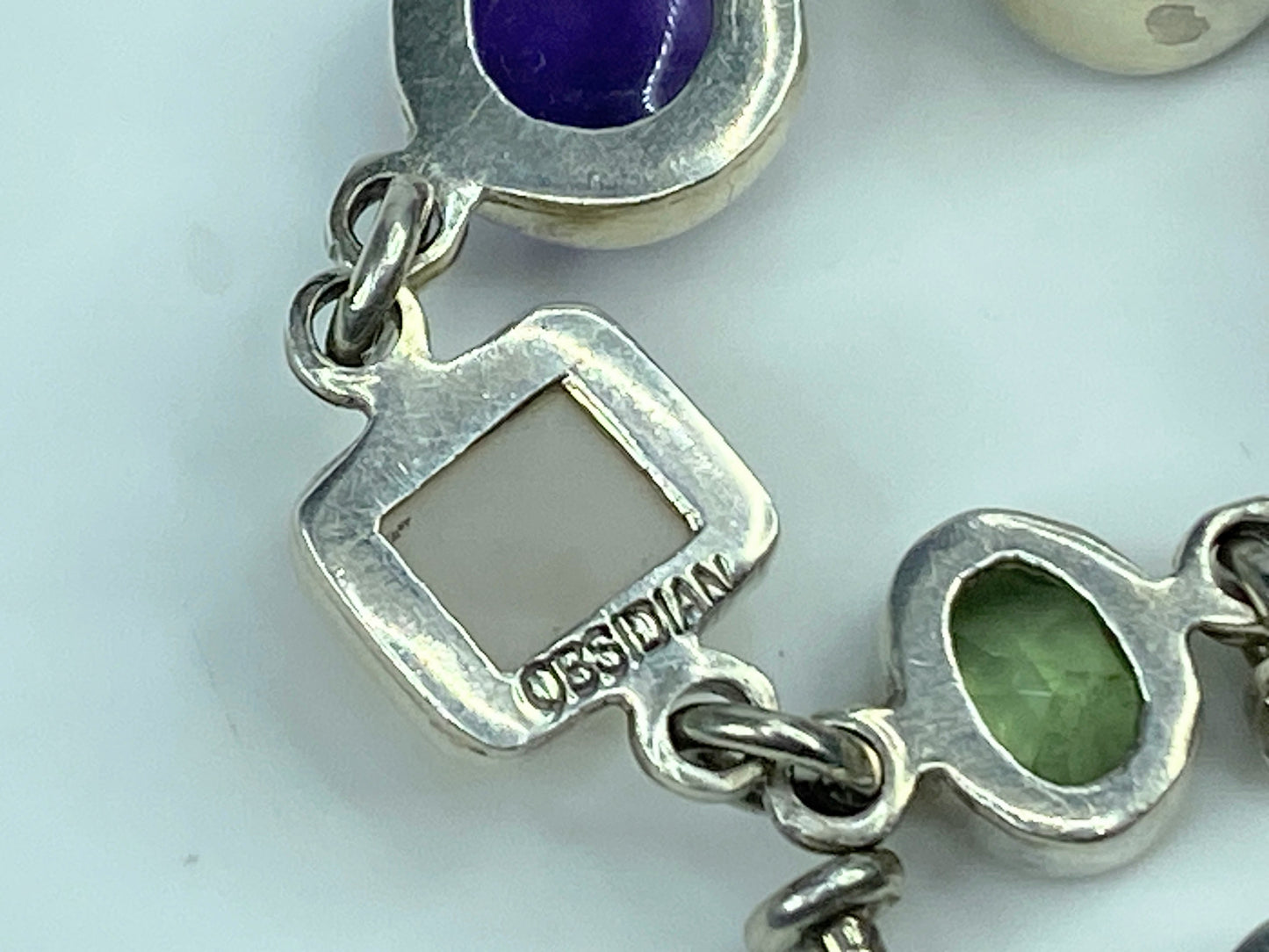 Obsidian Sterling silver Multiple colorful Gemstone bezel bracelet 8" JR646