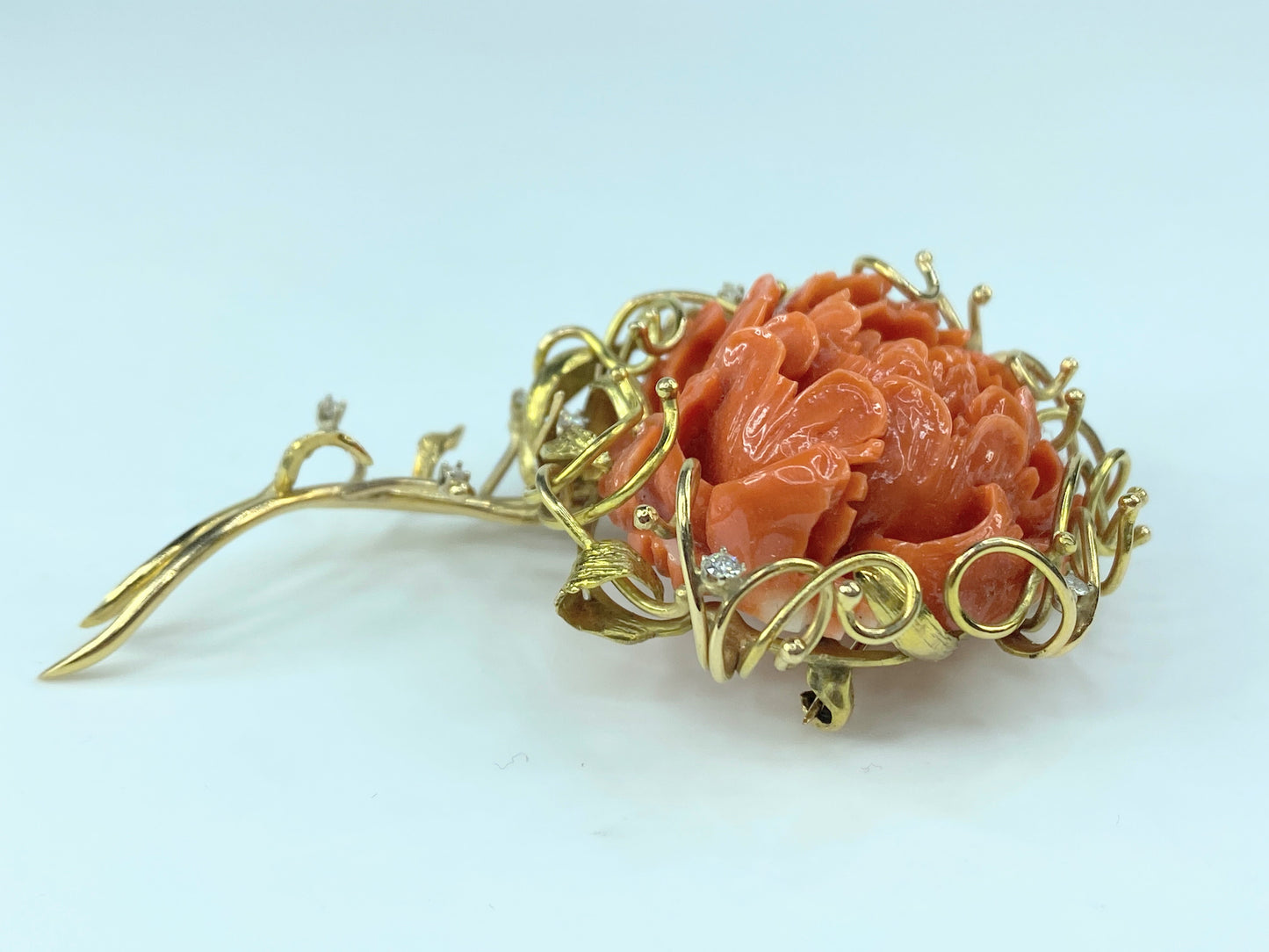 Victorian 15K deep carved Coral Peony 0.22ct G/VS Diamond brooch 3 1/8" JR148