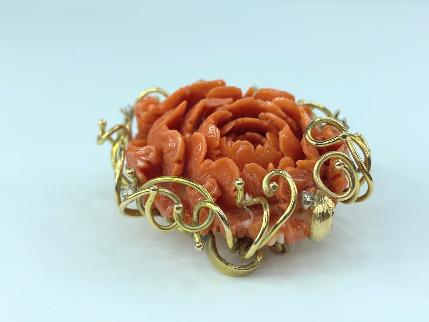 Victorian 15K deep carved Coral Peony 0.22ct G/VS Diamond brooch 3 1/8" JR148
