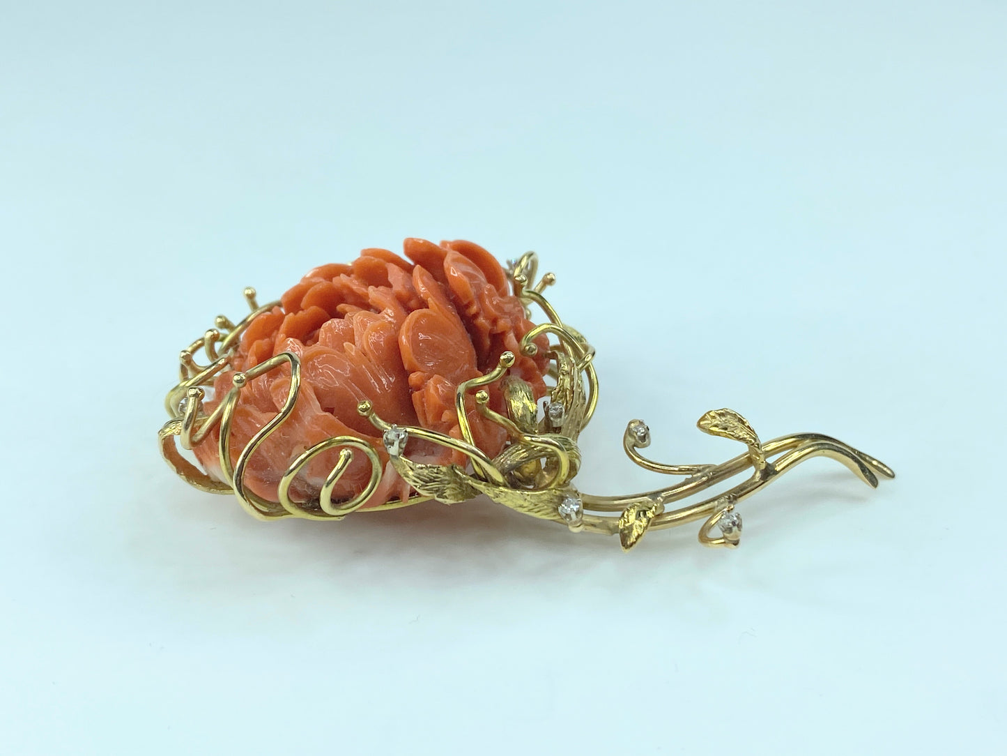 Victorian 15K deep carved Coral Peony 0.22ct G/VS Diamond brooch 3 1/8" JR148