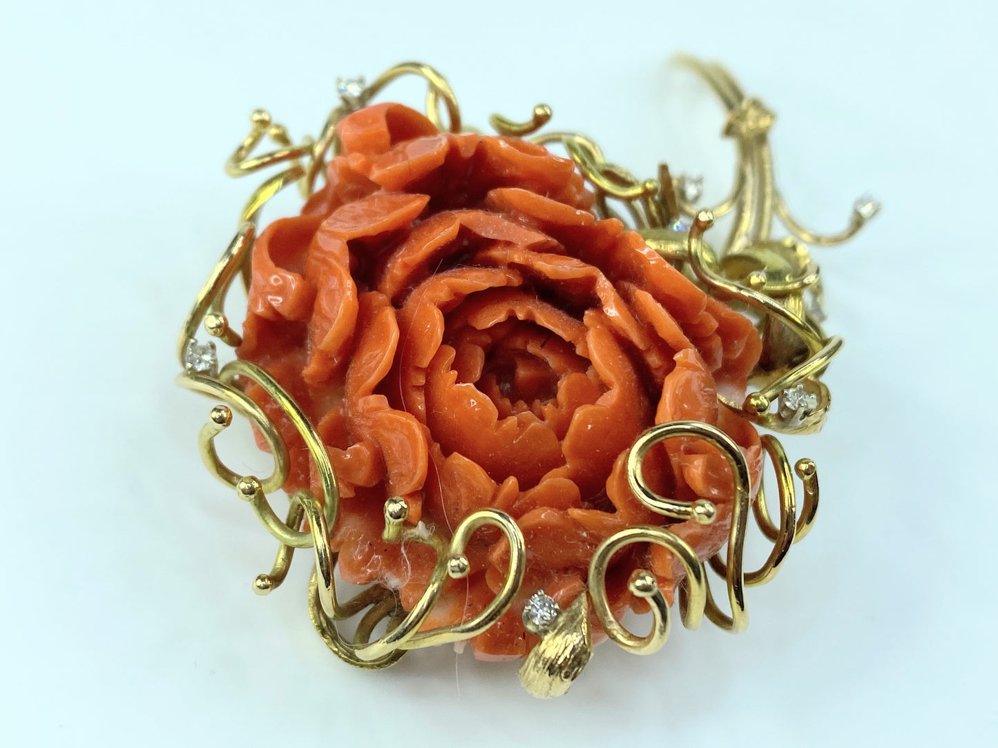 Victorian 15K deep carved Coral Peony 0.22ct G/VS Diamond brooch 3 1/8" JR148