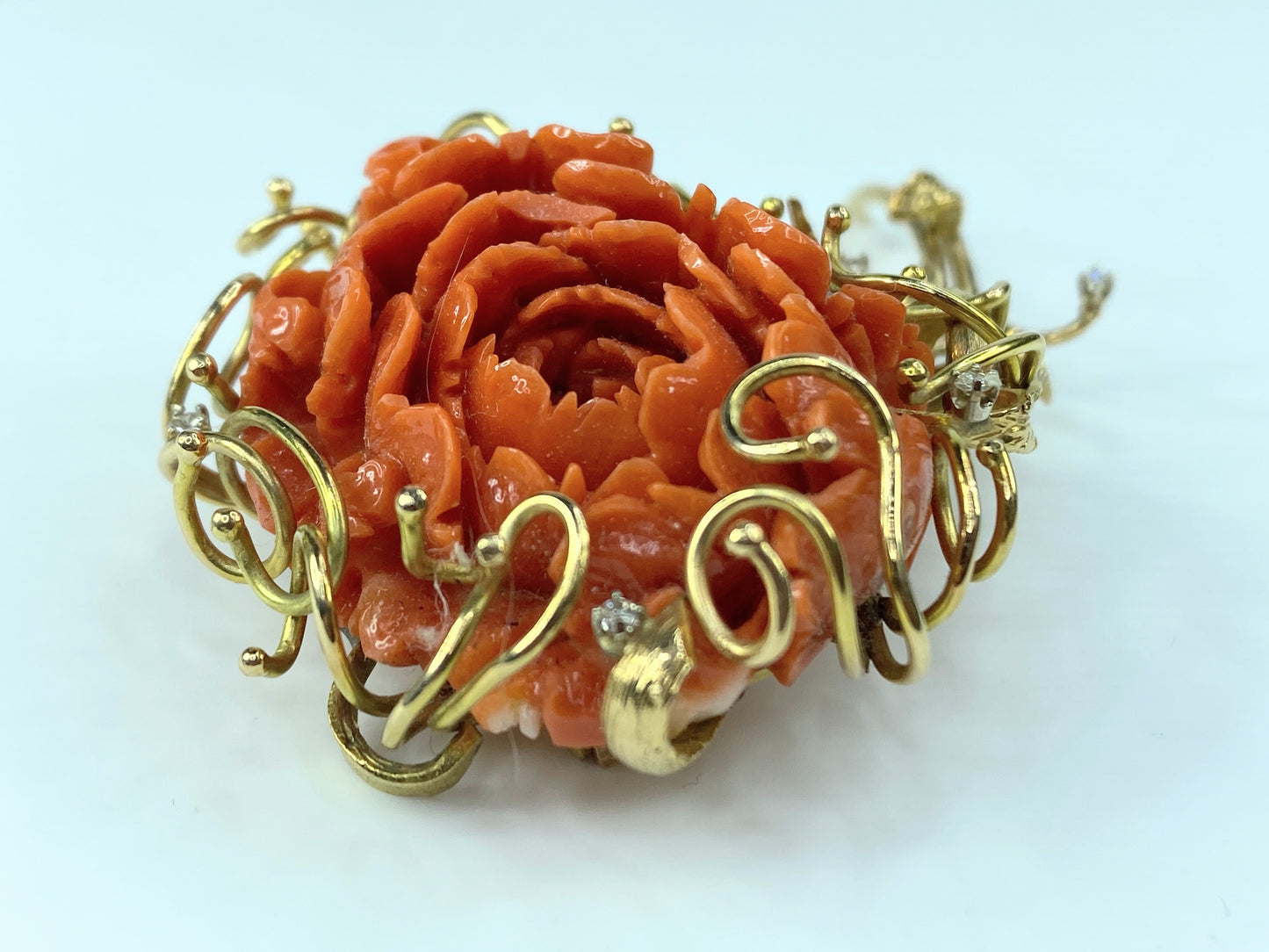 Victorian 15K deep carved Coral Peony 0.22ct G/VS Diamond brooch 3 1/8" JR148