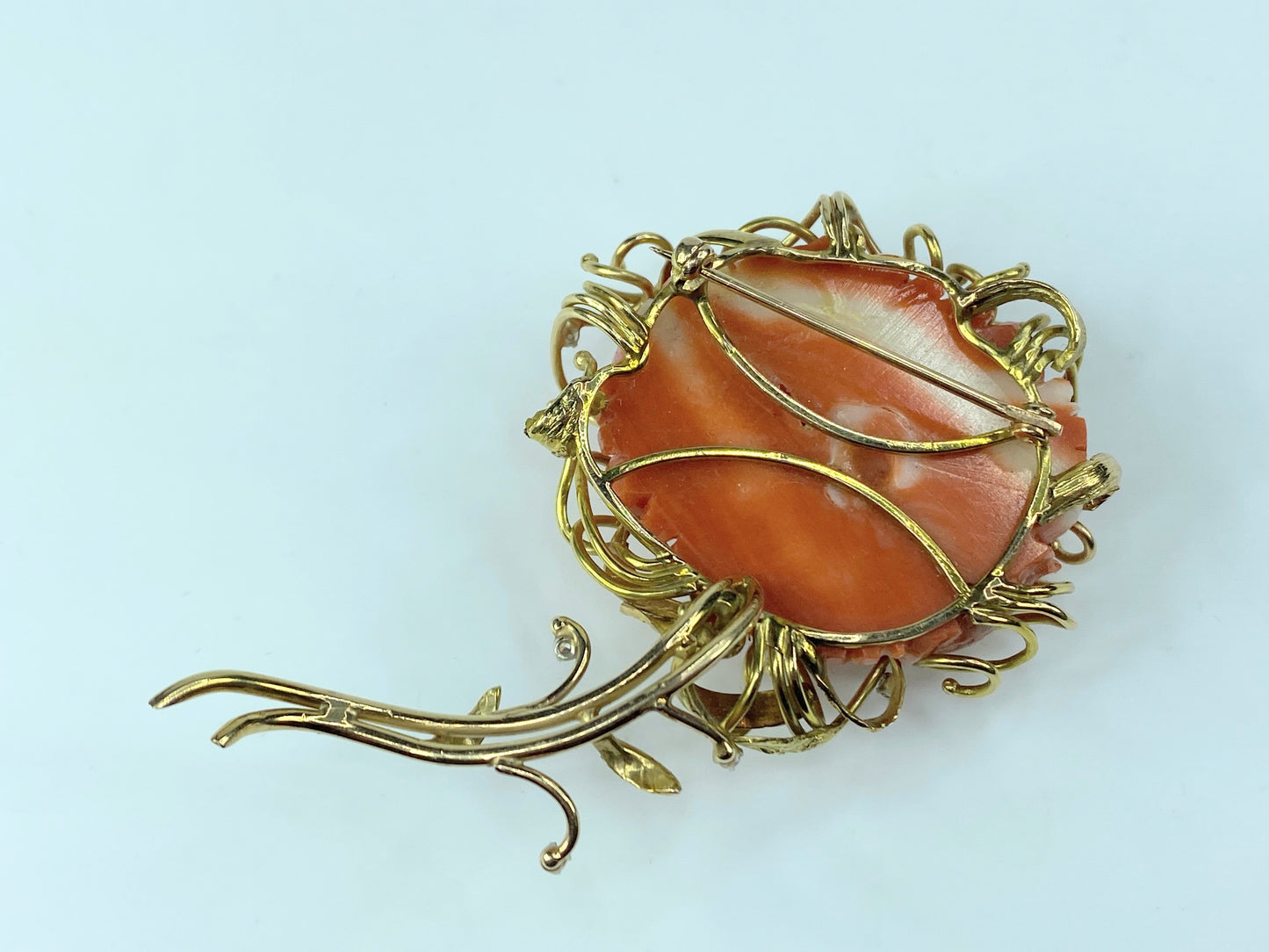 Victorian 15K deep carved Coral Peony 0.22ct G/VS Diamond brooch 3 1/8" JR148