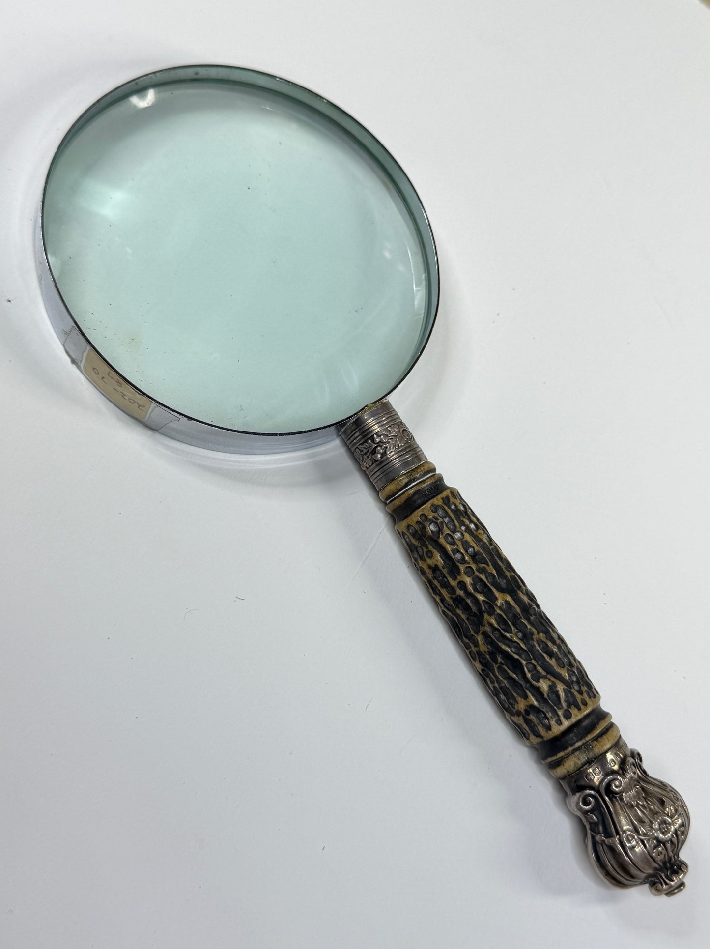 Antique English Stag Handle Magnifying Glass Sterling Silver 4in Lens Desk SS181