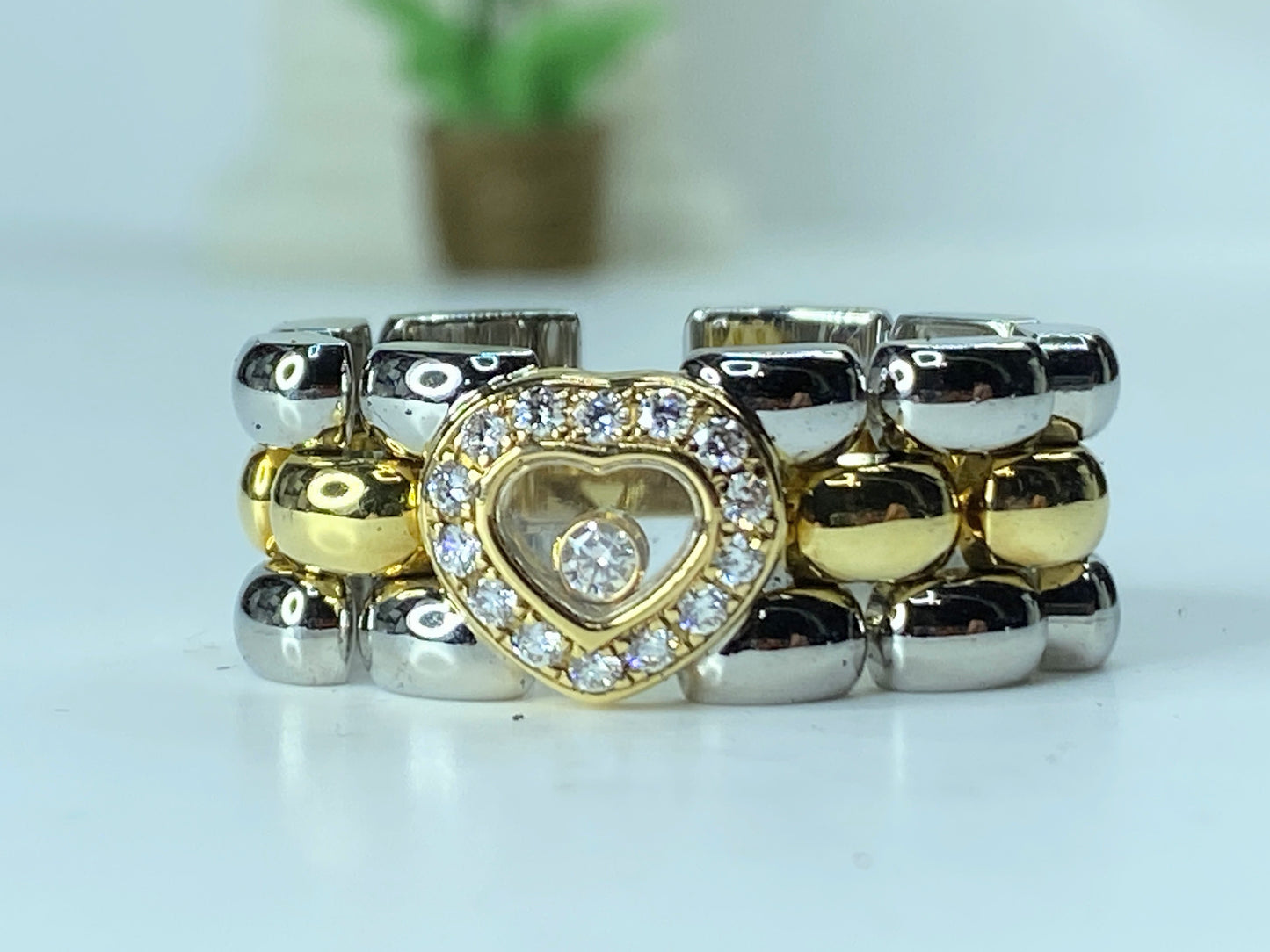 18kt. Yellow Gold & Steel Chopard Ring with Moving Happy Diamond w/box s7 JR157