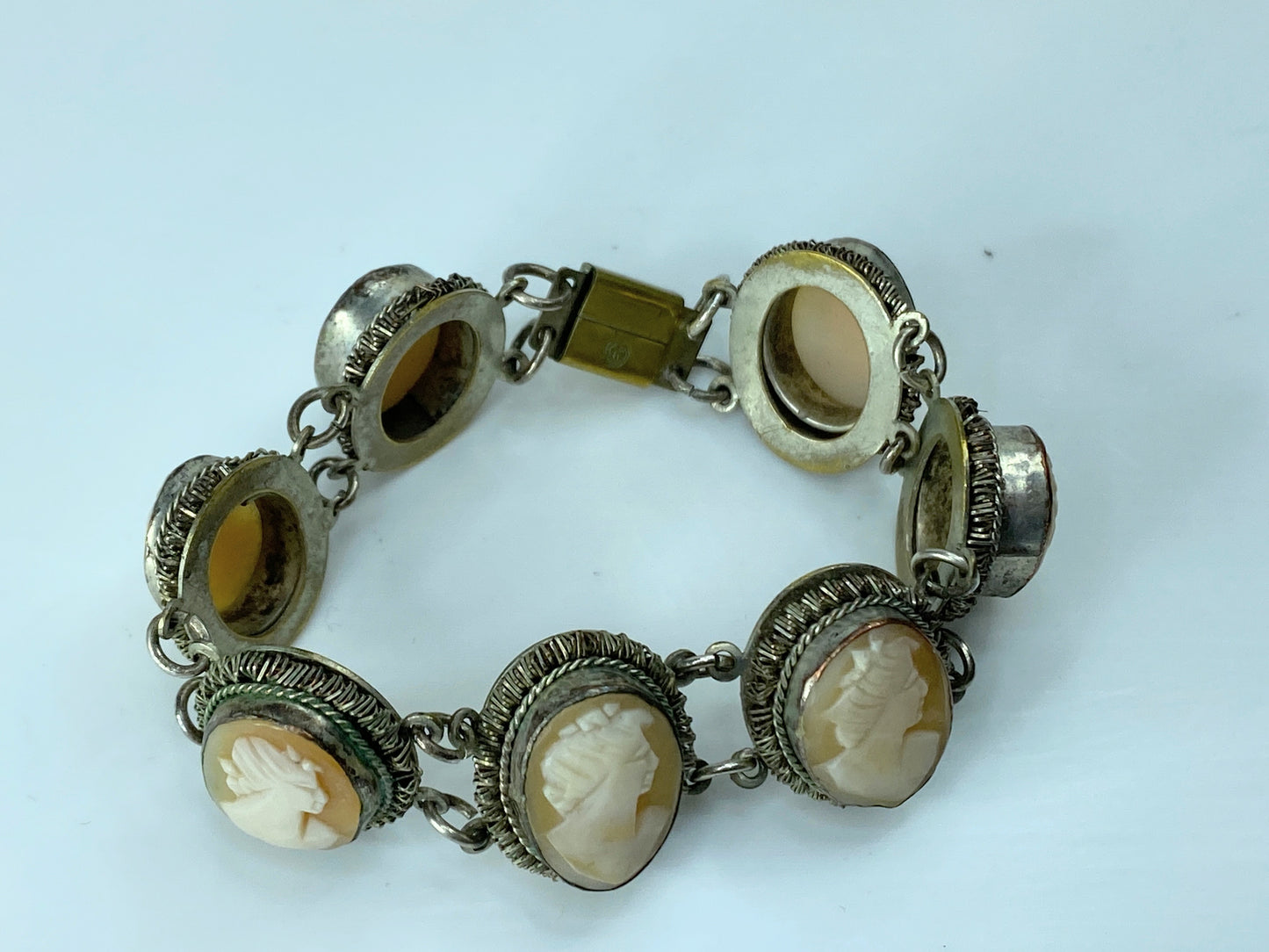 Antique 800 Silver Oval Shape Cameo different carving Links Bracelet 6.5" JR167