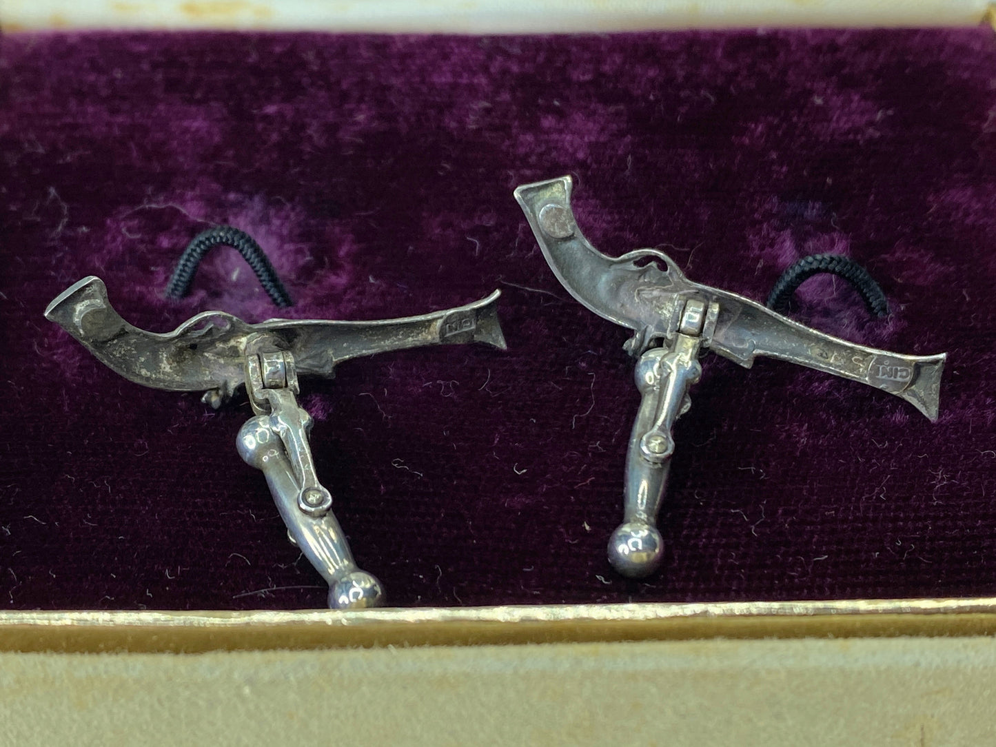 Art Deco Cini Flintlock Pistol Motif cufflinks Sterling Silver 5.2g 1.4" GS206