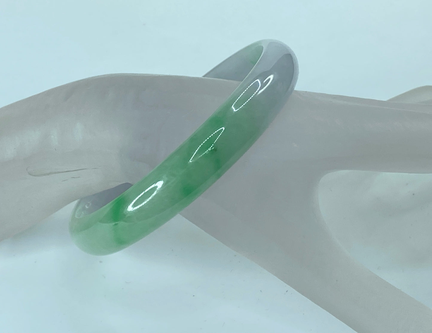 12.0mm natural Jadeite mutton green pale lavender slip on bangle 8" 44.1g JR171