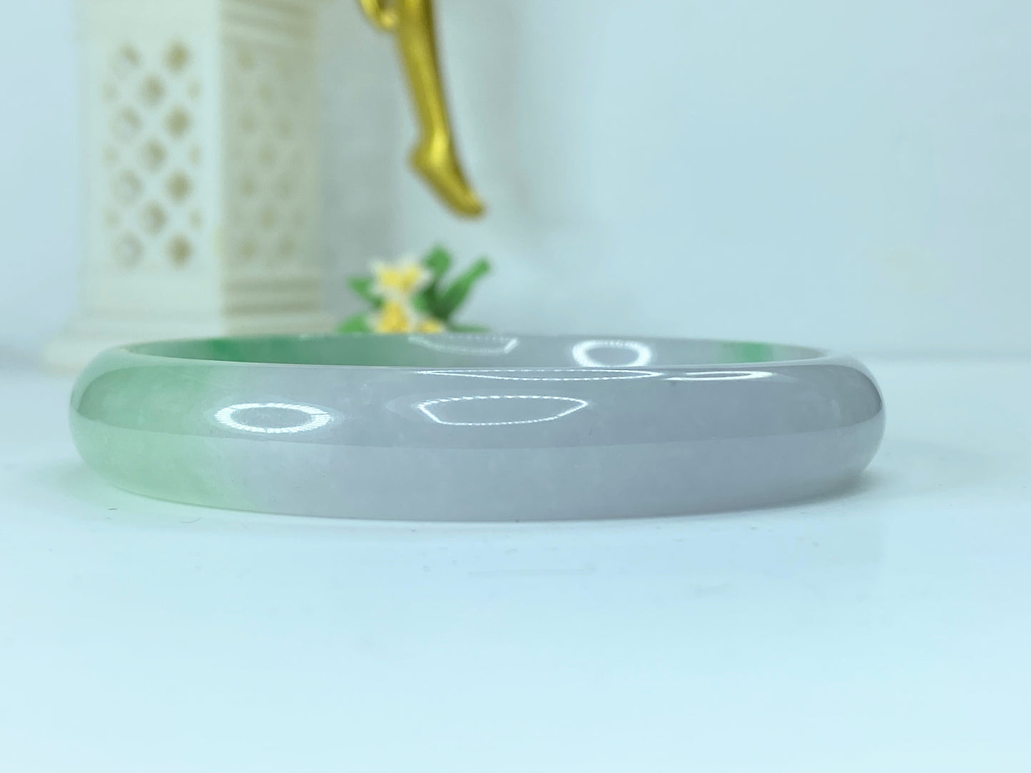 12.0mm natural Jadeite mutton green pale lavender slip on bangle 8" 44.1g JR171