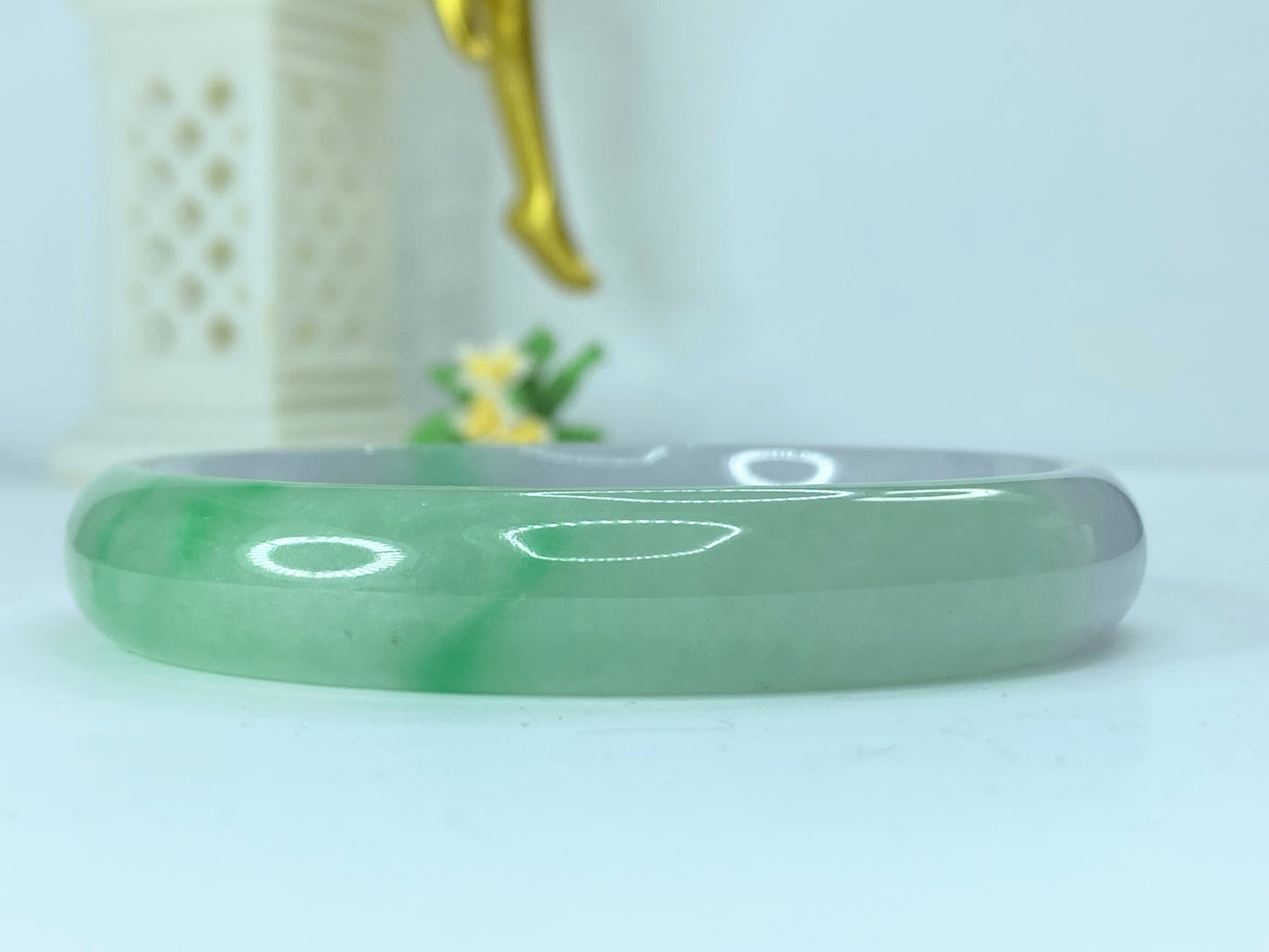 12.0mm natural Jadeite mutton green pale lavender slip on bangle 8" 44.1g JR171