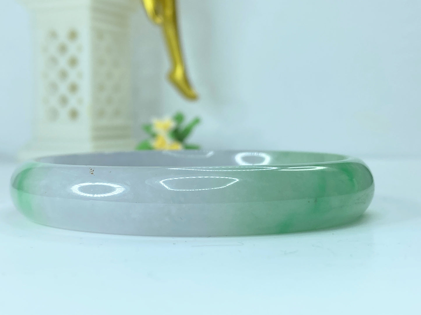 12.0mm natural Jadeite mutton green pale lavender slip on bangle 8" 44.1g JR171