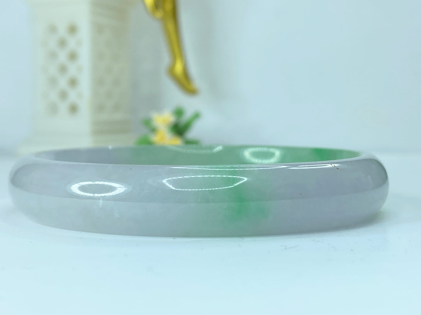 12.0mm natural Jadeite mutton green pale lavender slip on bangle 8" 44.1g JR171