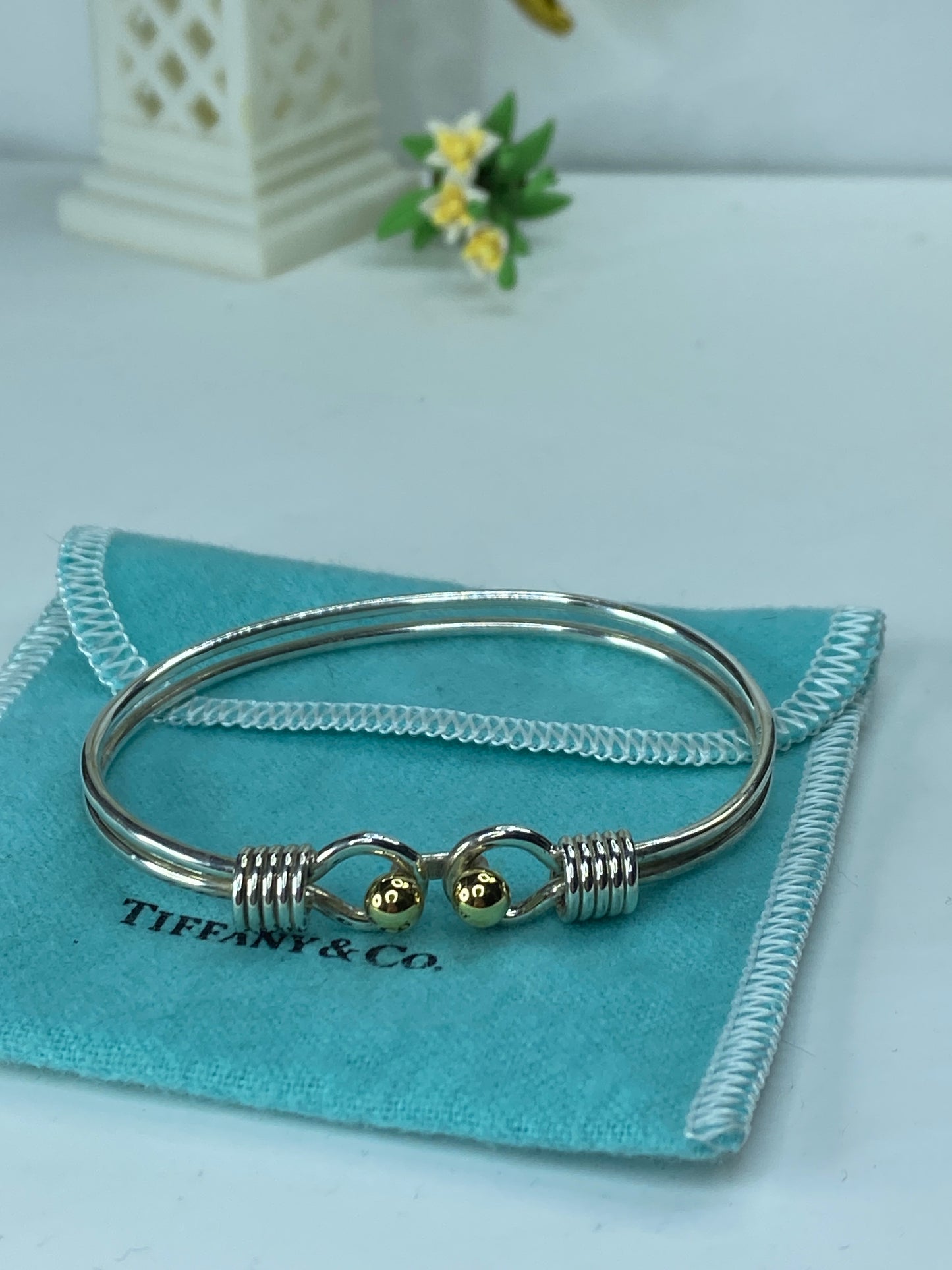 Tiffany & Co. Sterling Silver 18 Karat Gold Hook Bangle Cuff Bracelet 6.5" JR172