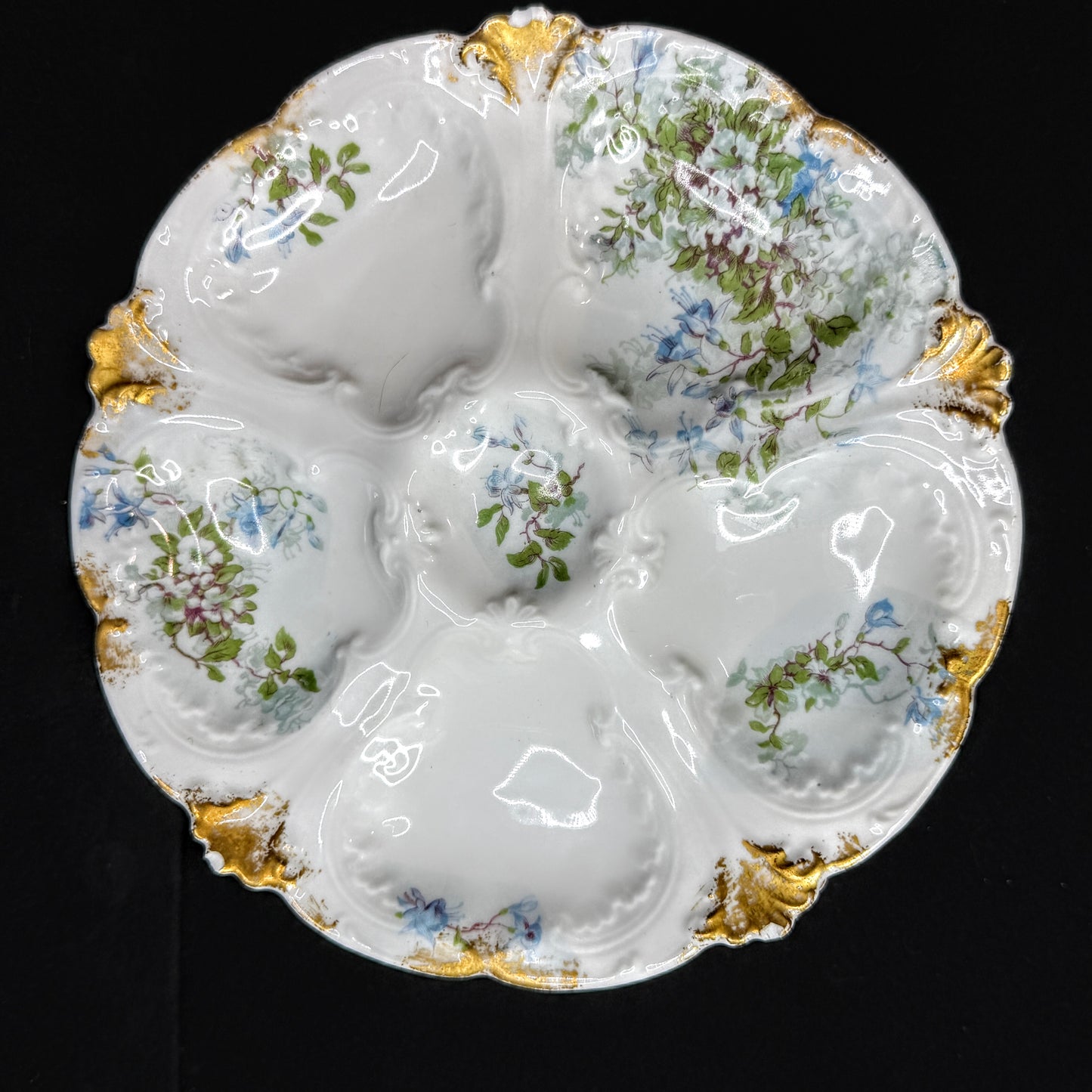 Antique GDA Limoges France floral gold porcelain 5 well oyster plates set A1150