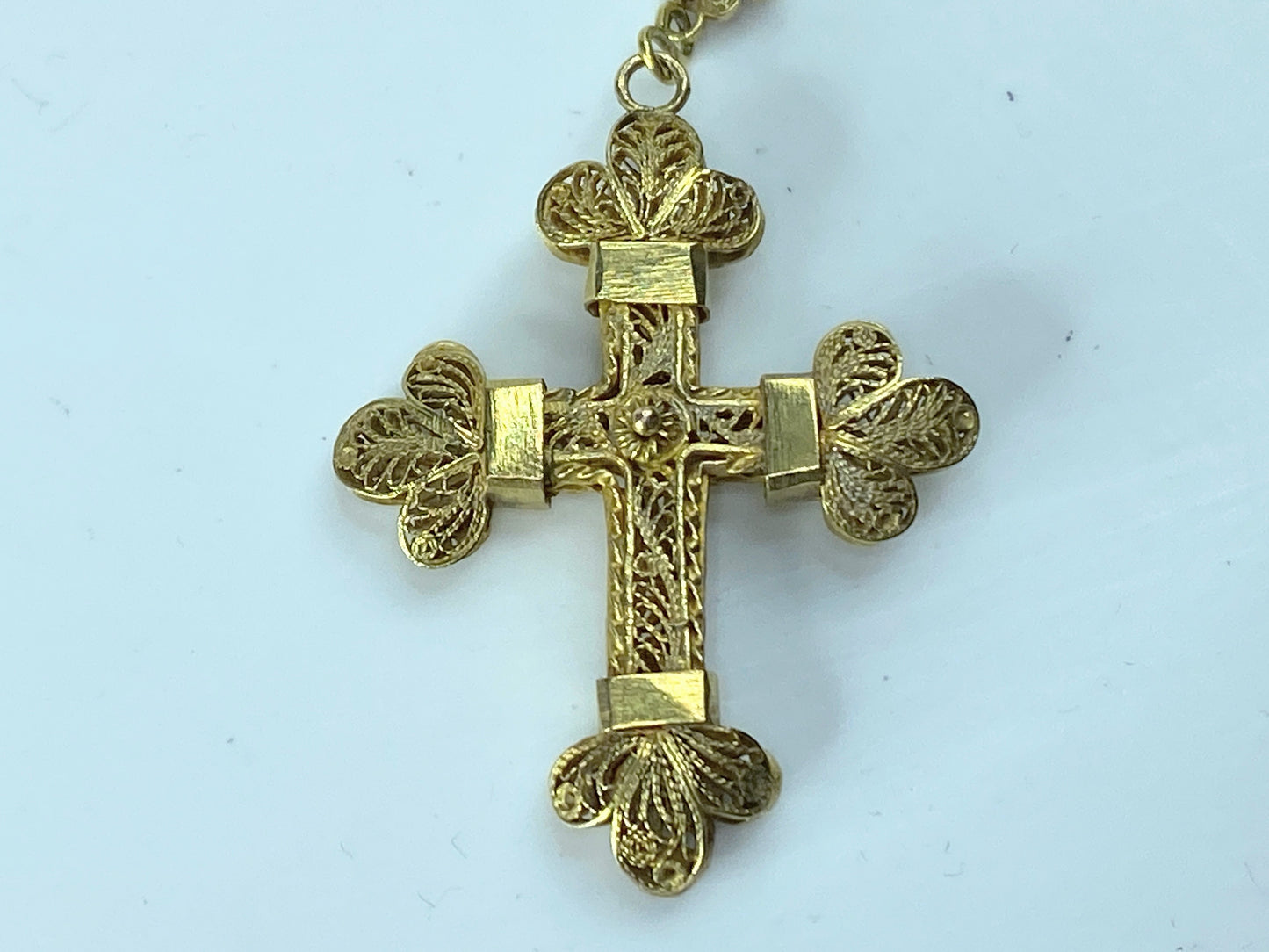 Antique European 12K Rosary filigree Cross And Partial Chain 1 5/8" 8.4g JR179