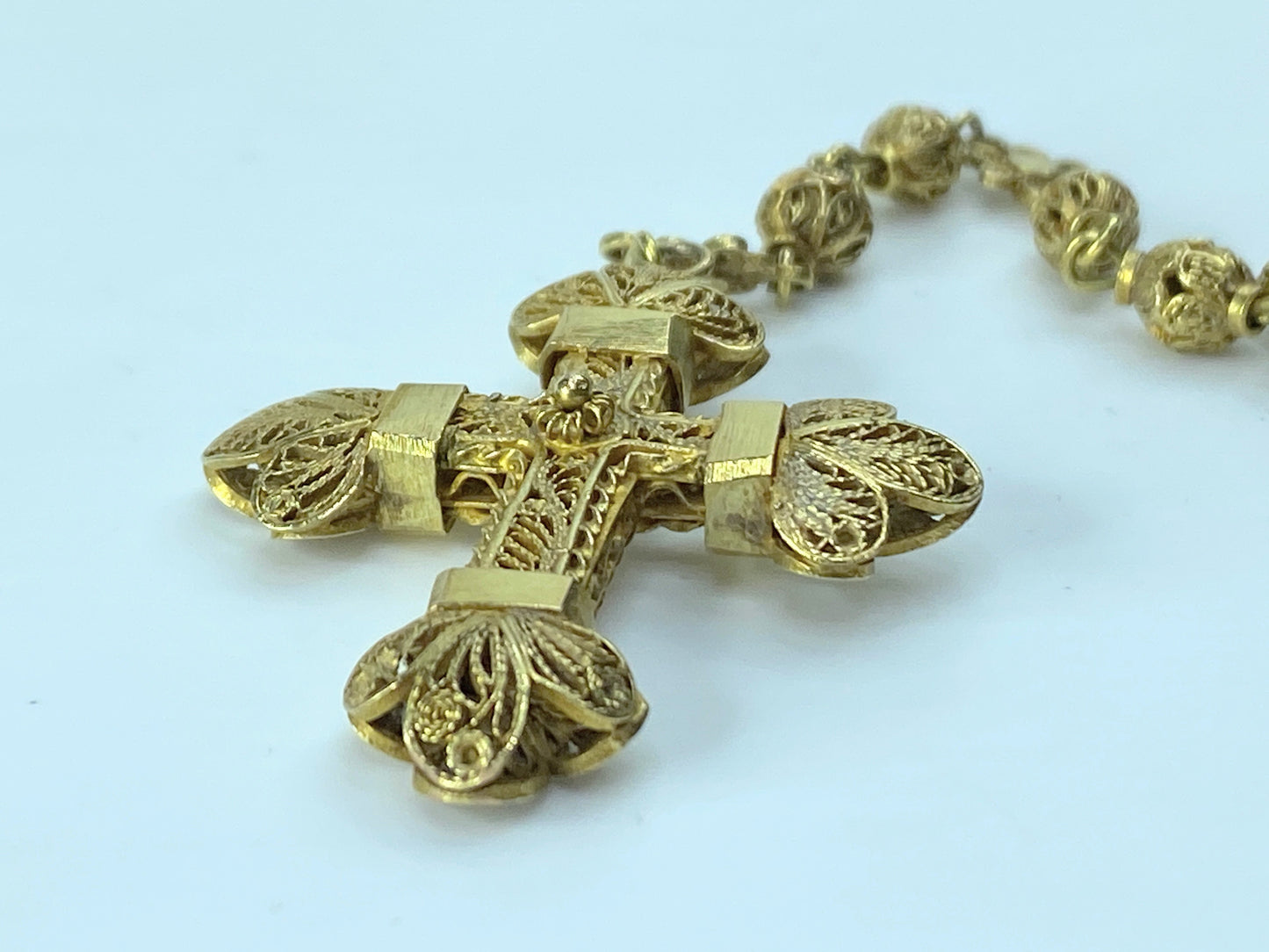 Antique European 12K Rosary filigree Cross And Partial Chain 1 5/8" 8.4g JR179