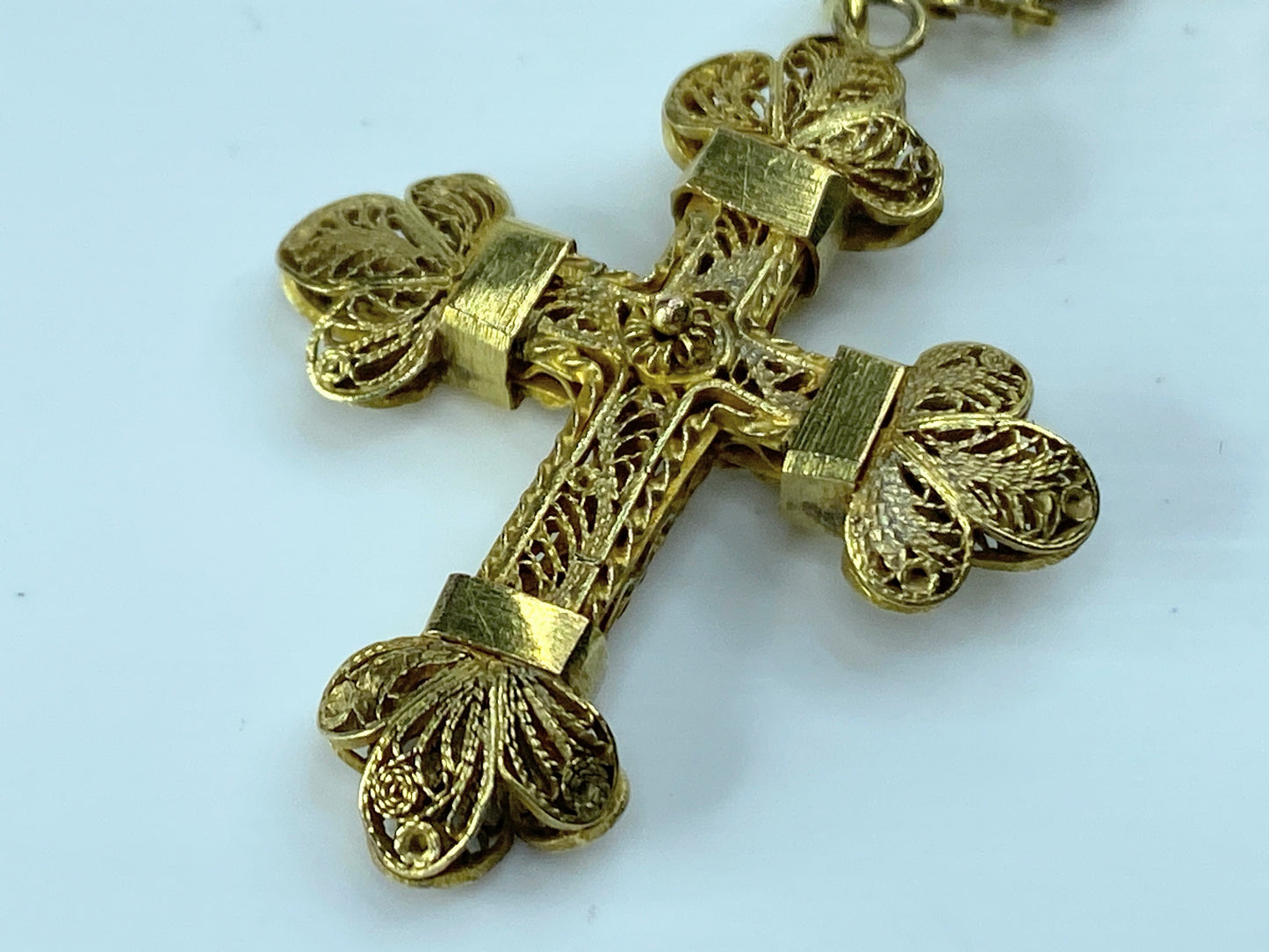Antique European 12K Rosary filigree Cross And Partial Chain 1 5/8" 8.4g JR179