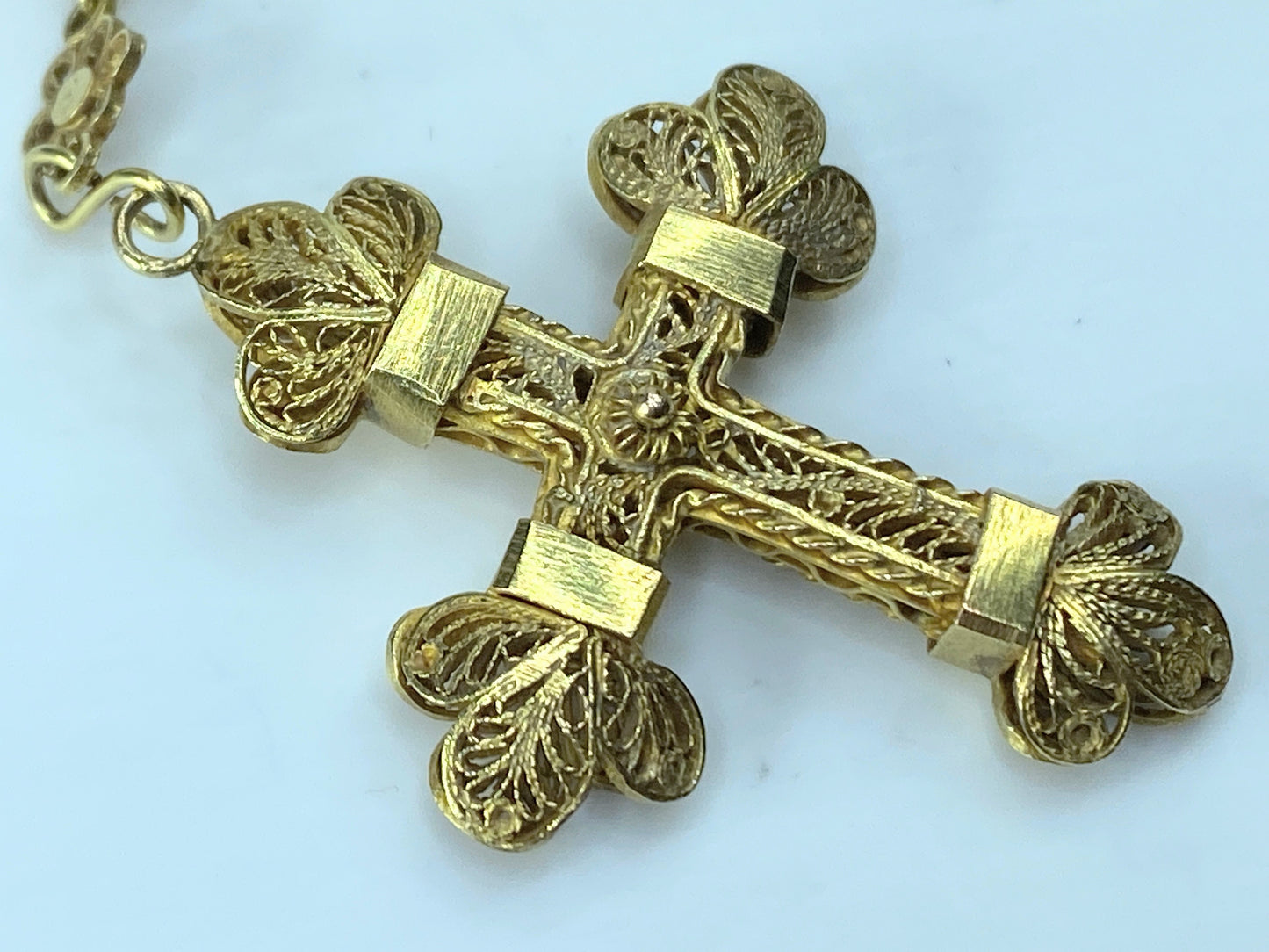 Antique European 12K Rosary filigree Cross And Partial Chain 1 5/8" 8.4g JR179