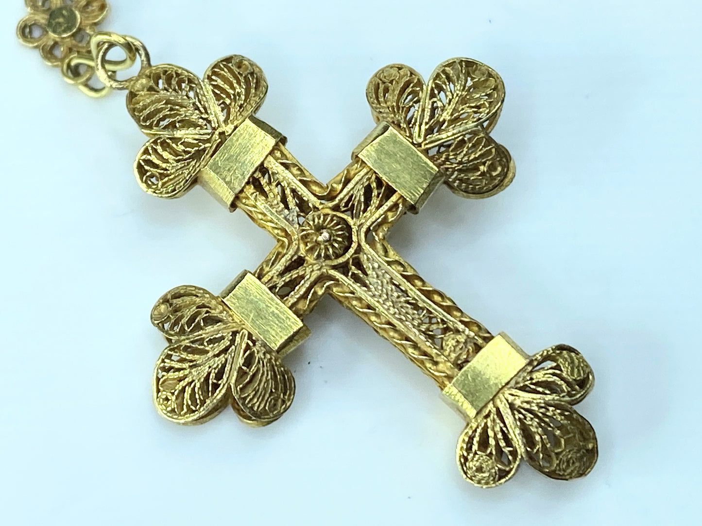 Antique European 12K Rosary filigree Cross And Partial Chain 1 5/8" 8.4g JR179