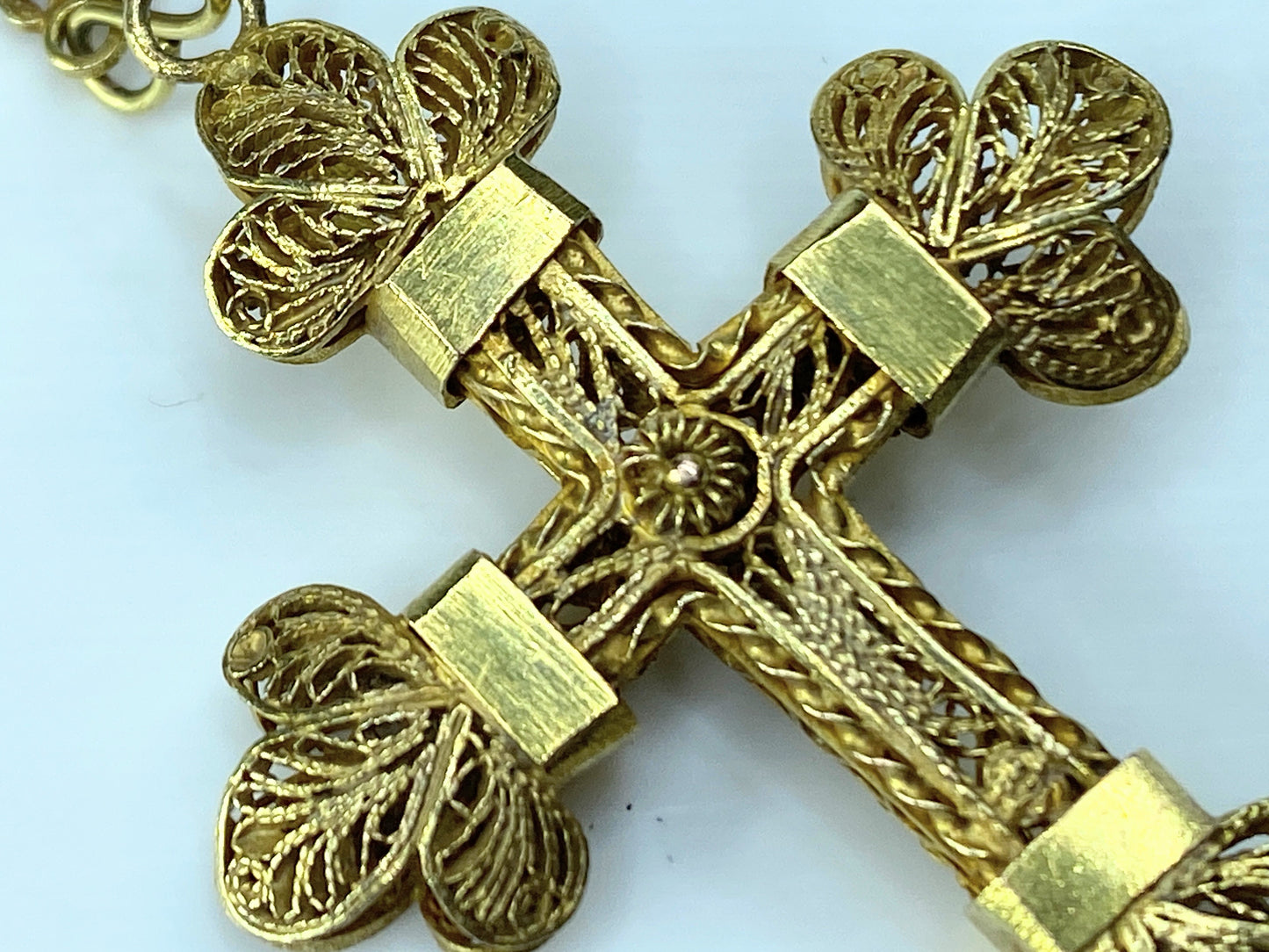 Antique European 12K Rosary filigree Cross And Partial Chain 1 5/8" 8.4g JR179