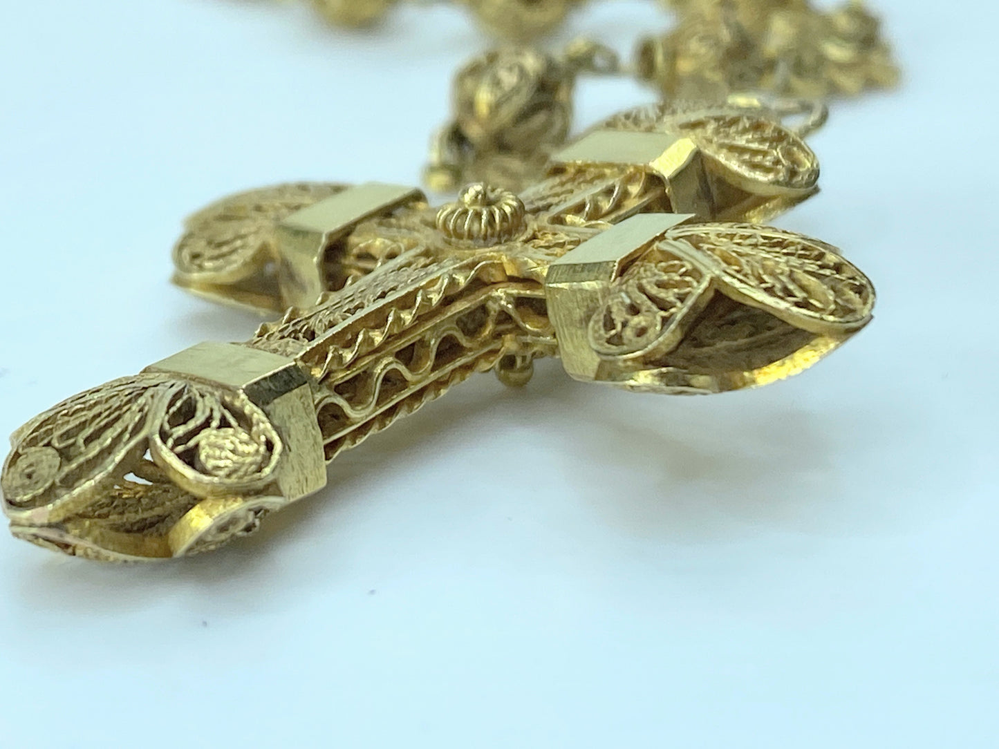 Antique European 12K Rosary filigree Cross And Partial Chain 1 5/8" 8.4g JR179