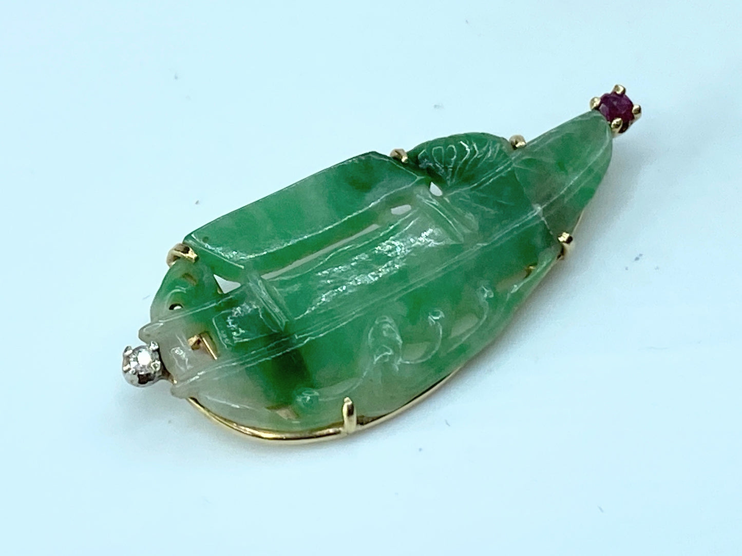 Art Deco Diamond Ruby Carved Jade "Foliate" Brooch 1 5/8" 3.5g JR181