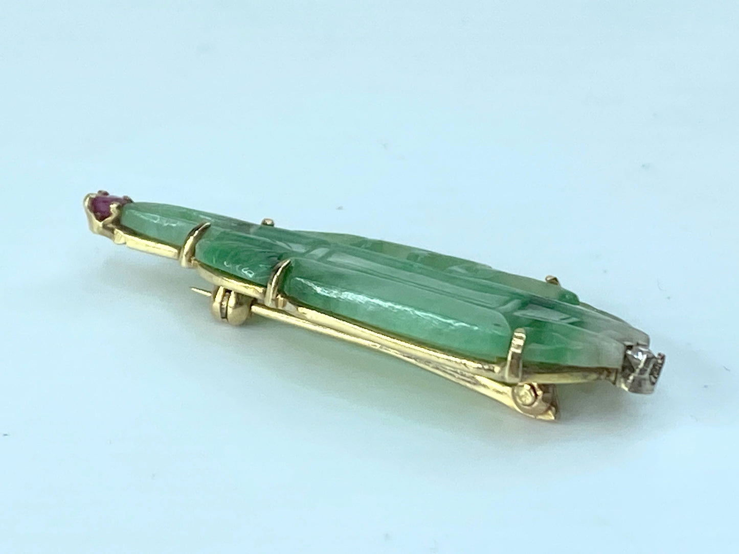Art Deco Diamond Ruby Carved Jade "Foliate" Brooch 1 5/8" 3.5g JR181