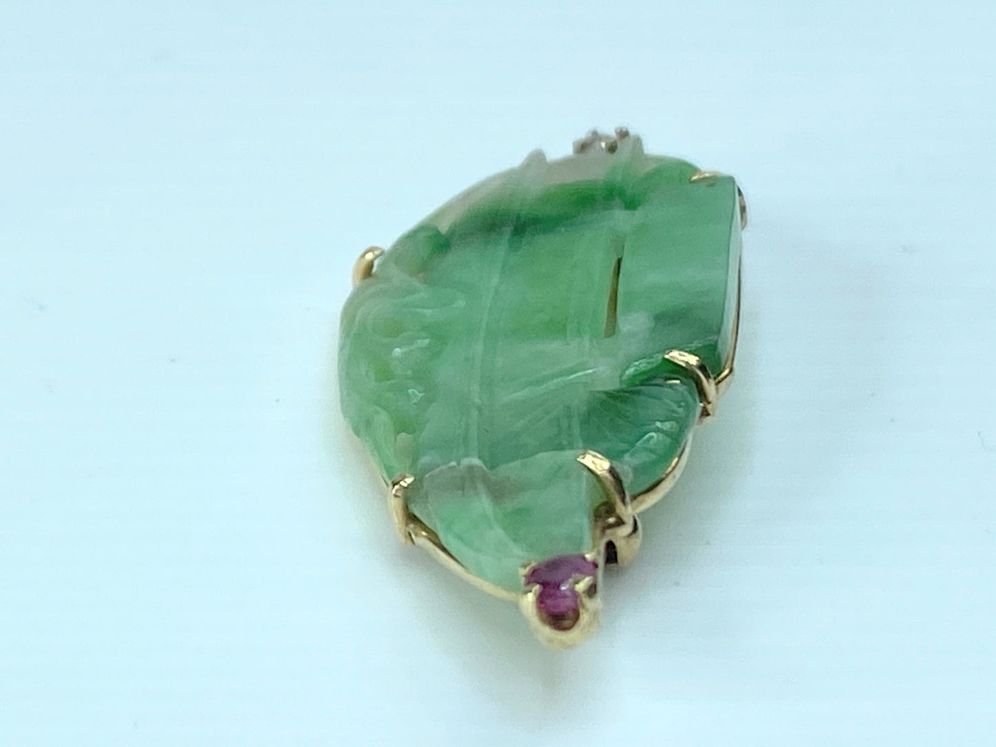 Art Deco Diamond Ruby Carved Jade "Foliate" Brooch 1 5/8" 3.5g JR181