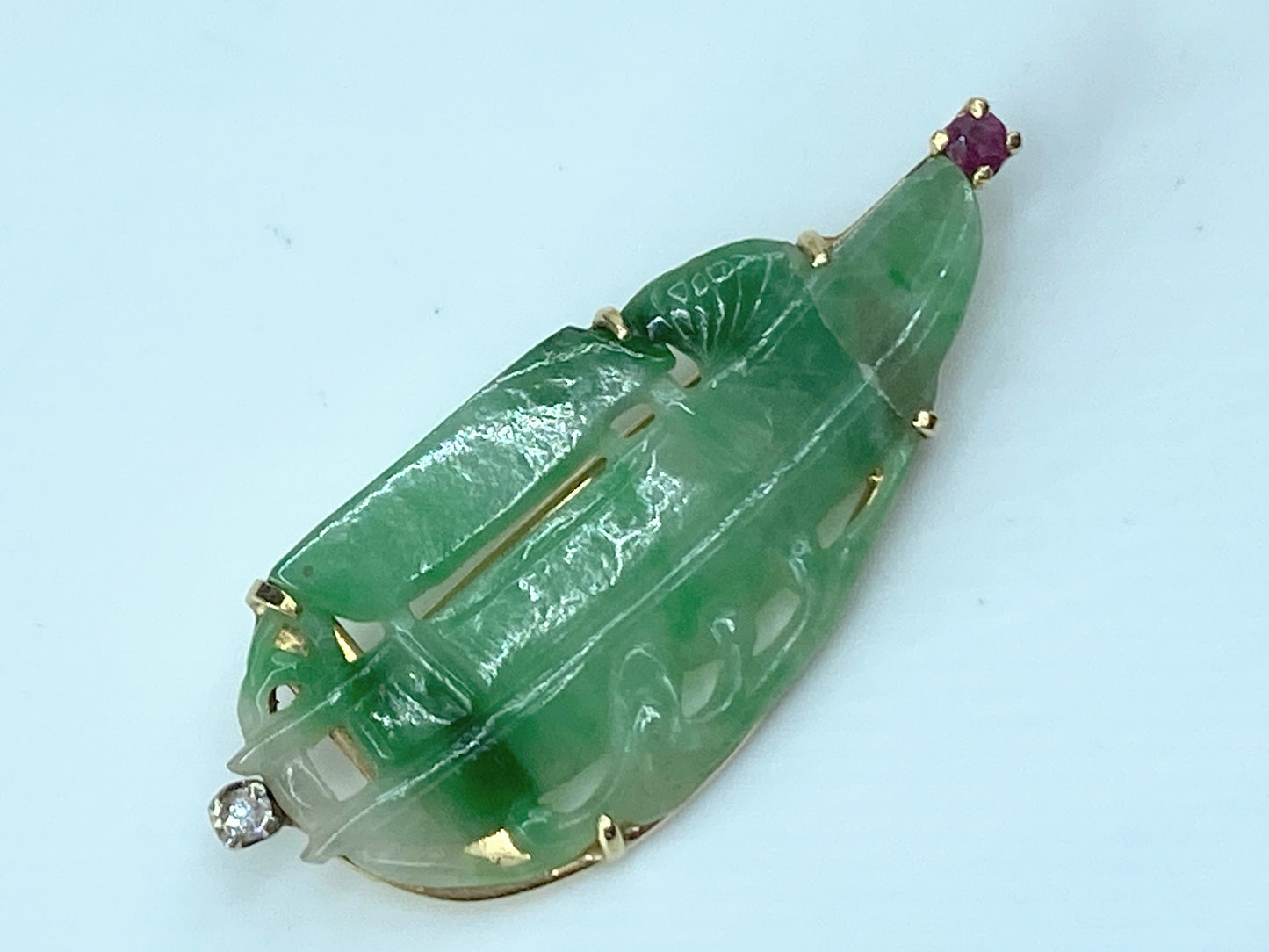 Art Deco Diamond Ruby Carved Jade "Foliate" Brooch 1 5/8" 3.5g JR181