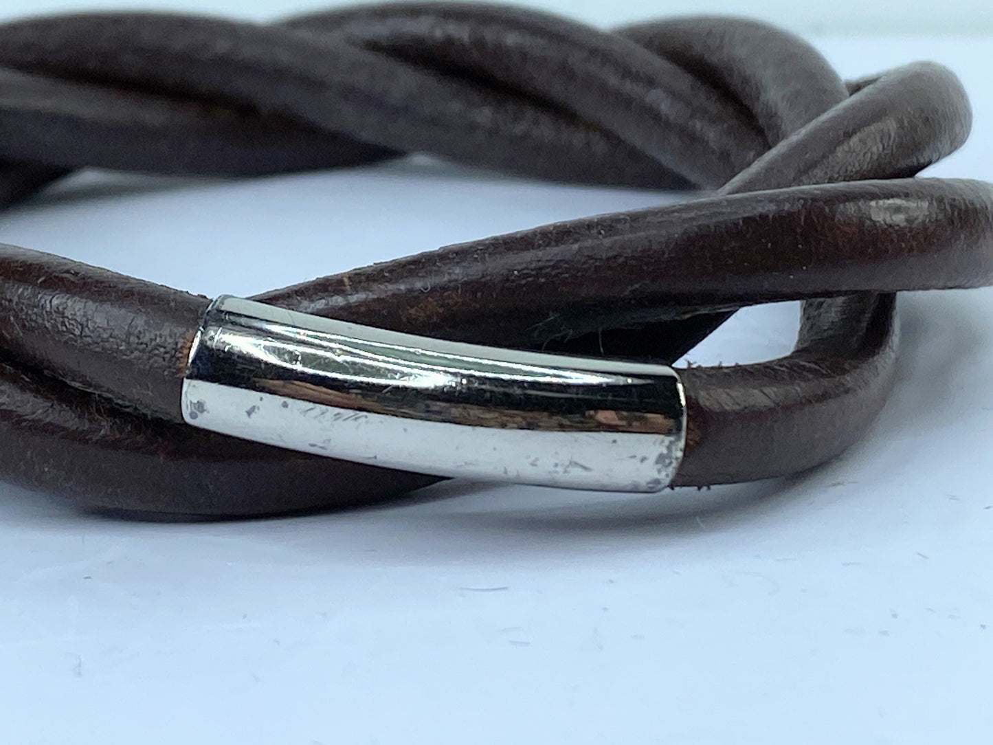 Hermès Tornado Breath 3 Cord Twist Brown Leather Unisex Bracelet 7.75" GS495