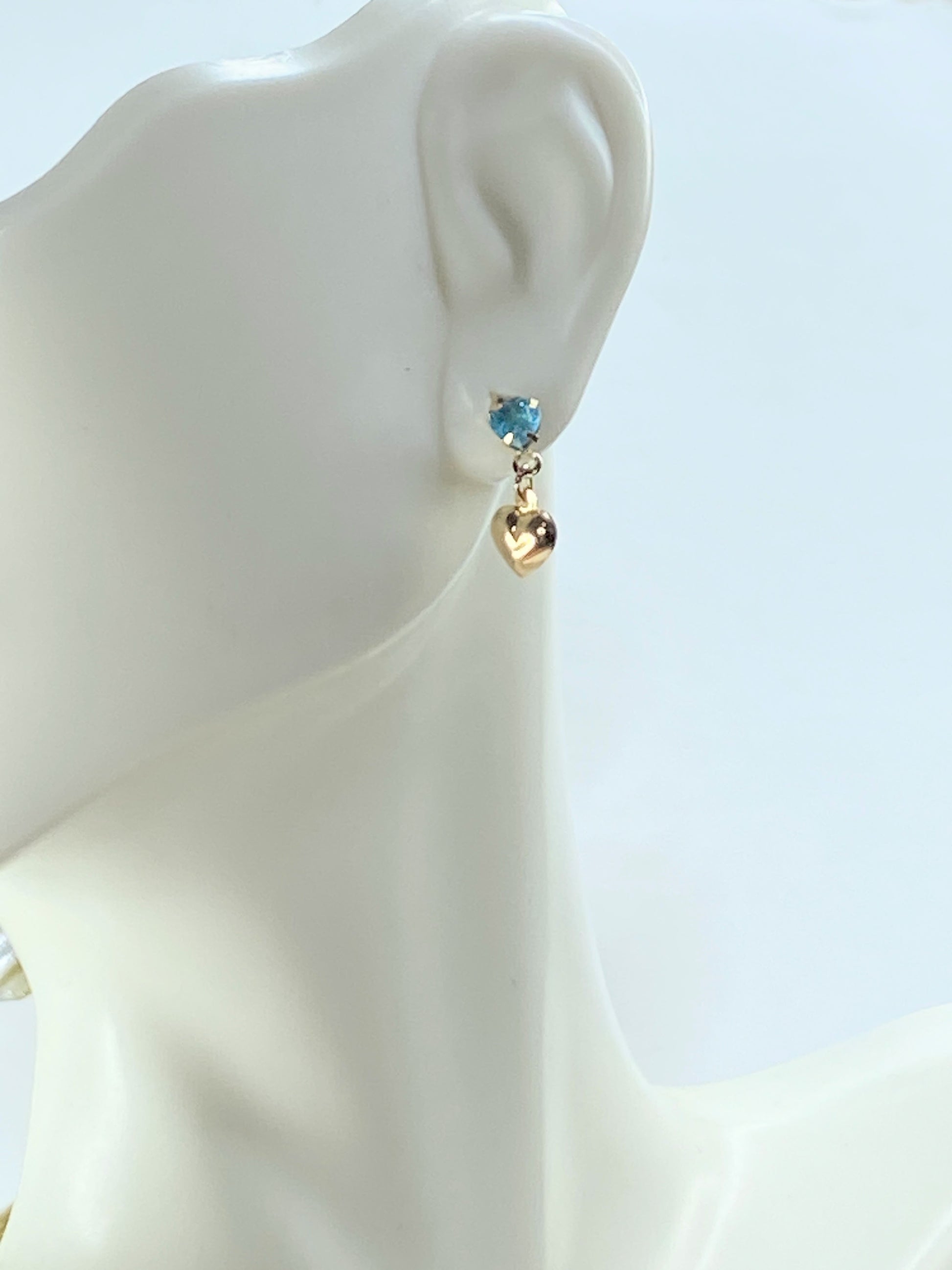 14K yellow gold Heart Blue Topaz dangle Puffy heart earrings 0.5" JR190