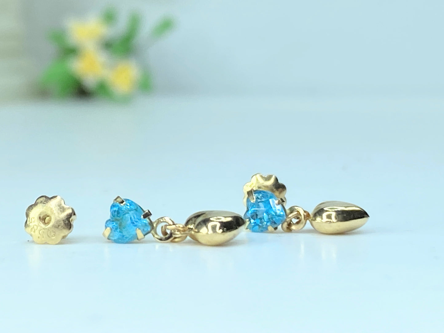 14K yellow gold Heart Blue Topaz dangle Puffy heart earrings 0.5" JR190