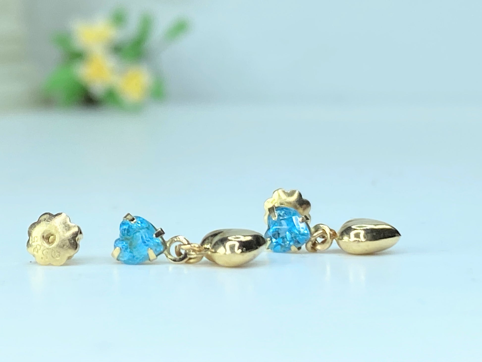 14K yellow gold Heart Blue Topaz dangle Puffy heart earrings 0.5" JR190