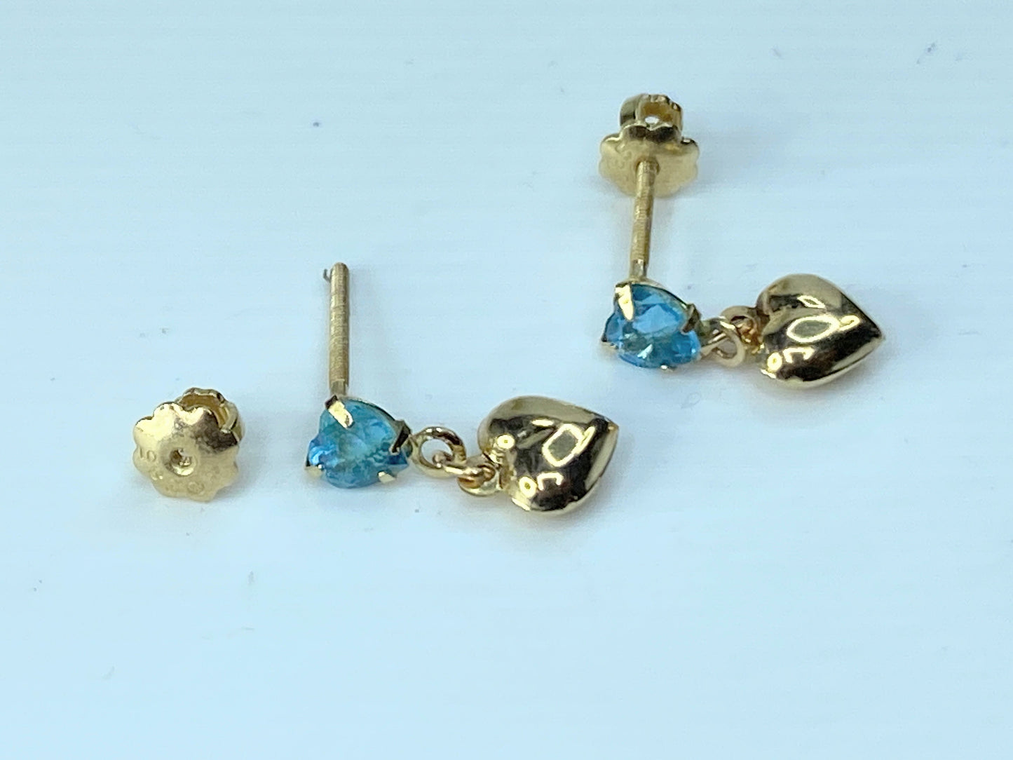 14K yellow gold Heart Blue Topaz dangle Puffy heart earrings 0.5" JR190