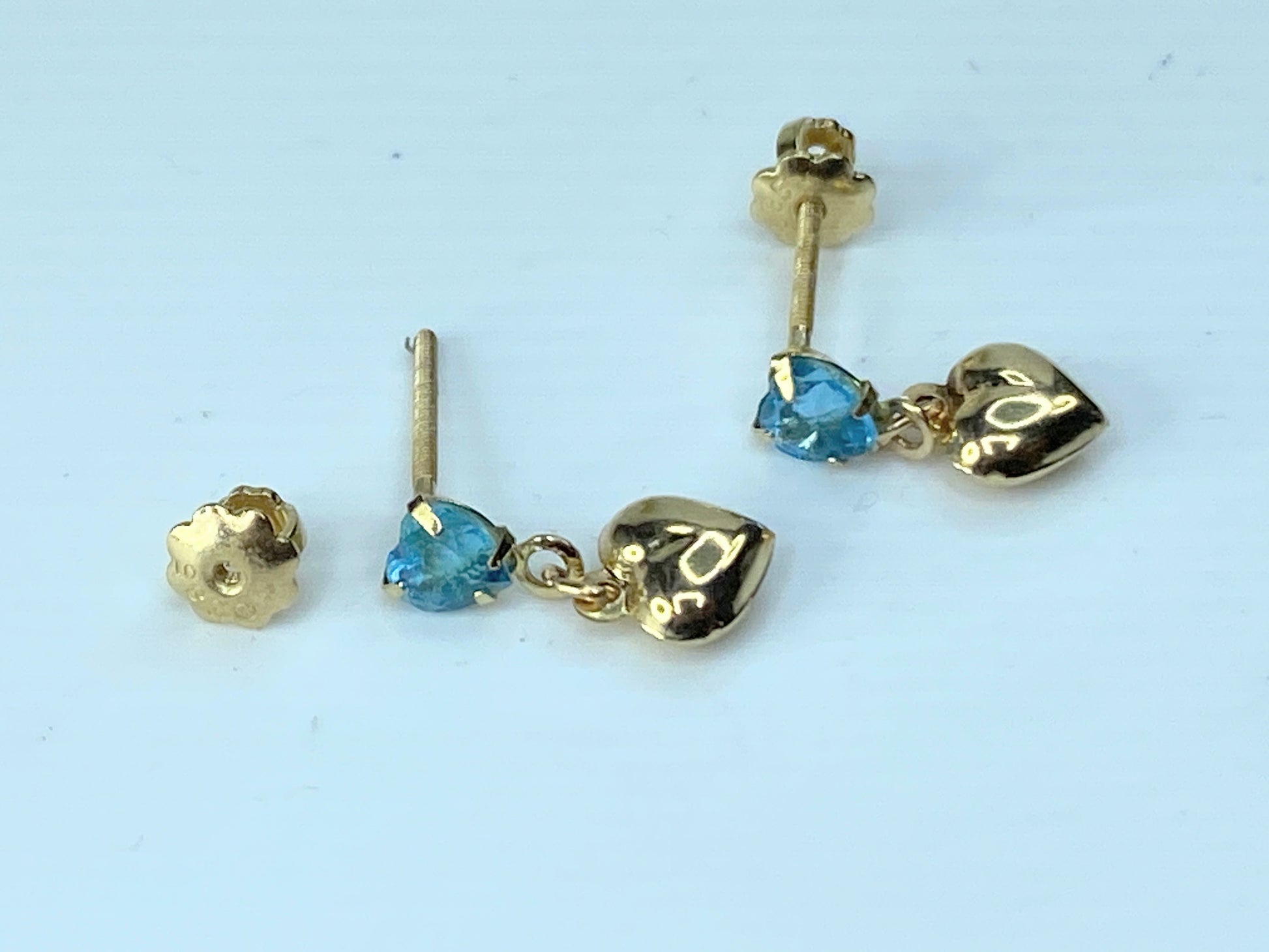 14K yellow gold Heart Blue Topaz dangle Puffy heart earrings 0.5" JR190