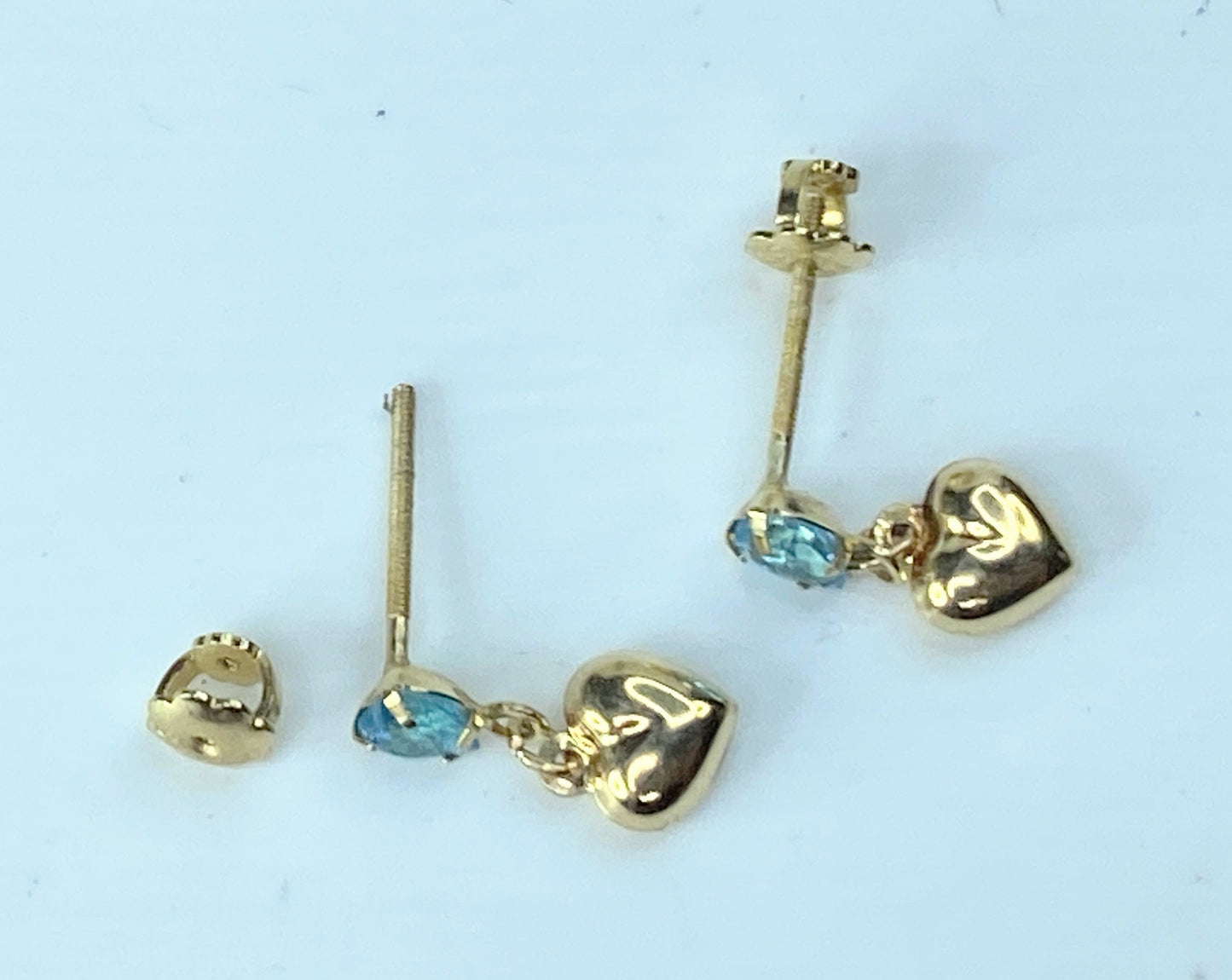 14K yellow gold Heart Blue Topaz dangle Puffy heart earrings 0.5" JR190