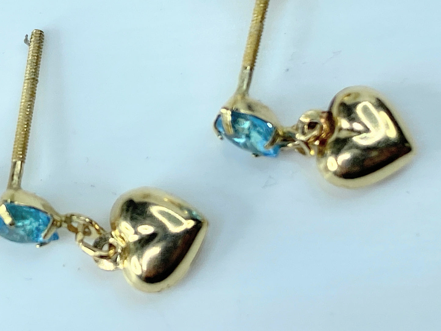 14K yellow gold Heart Blue Topaz dangle Puffy heart earrings 0.5" JR190