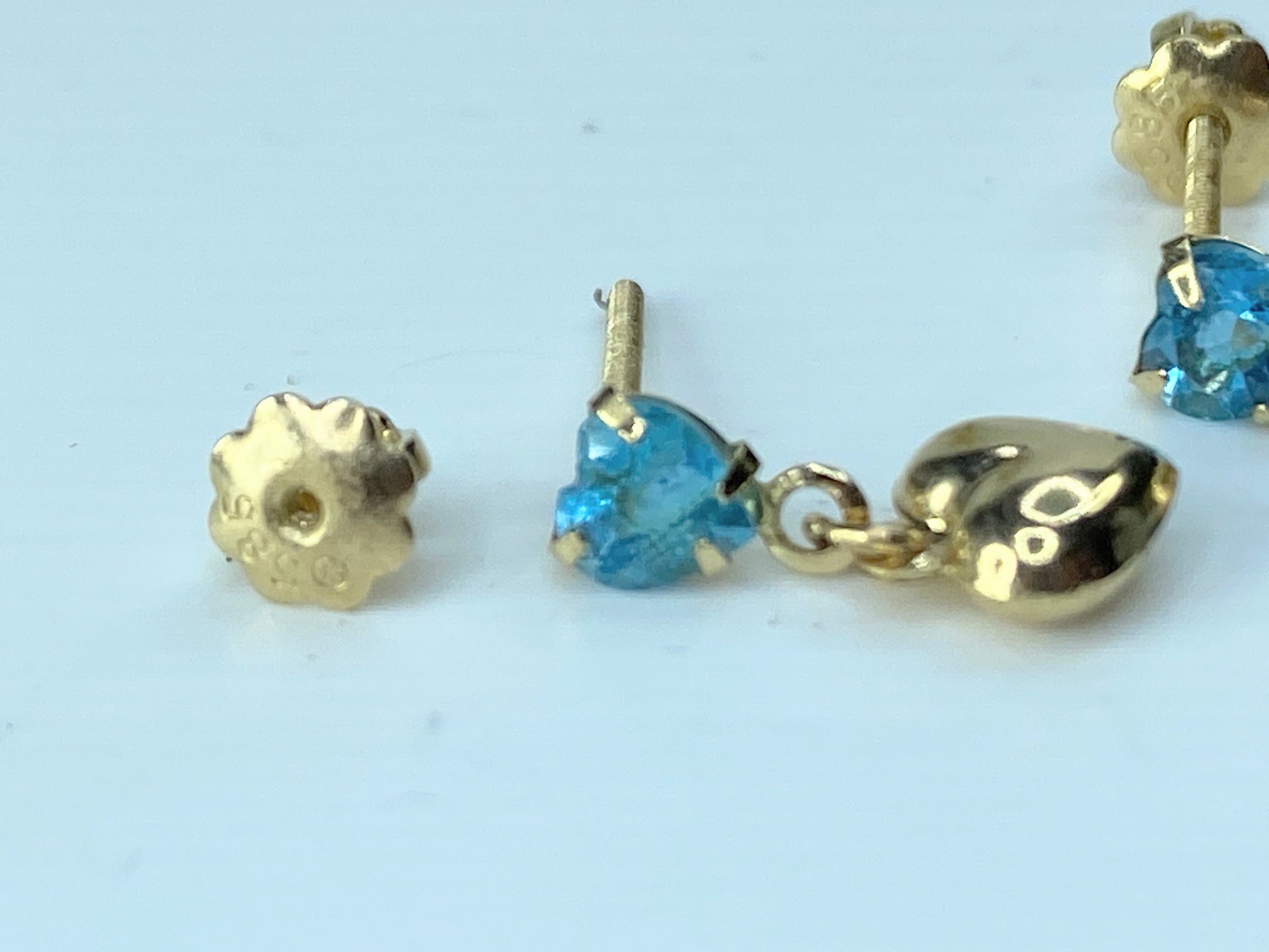 14K yellow gold Heart Blue Topaz dangle Puffy heart earrings 0.5" JR190