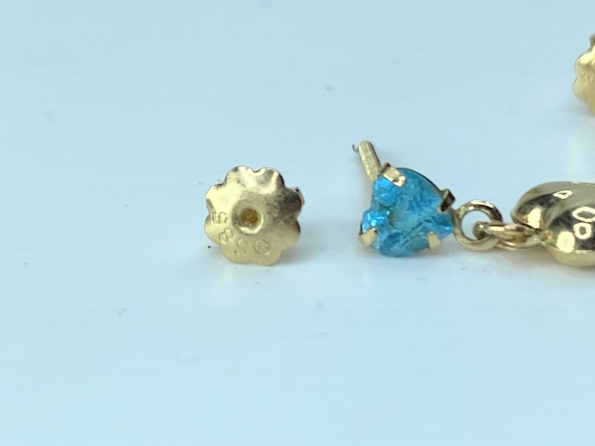 14K yellow gold Heart Blue Topaz dangle Puffy heart earrings 0.5" JR190