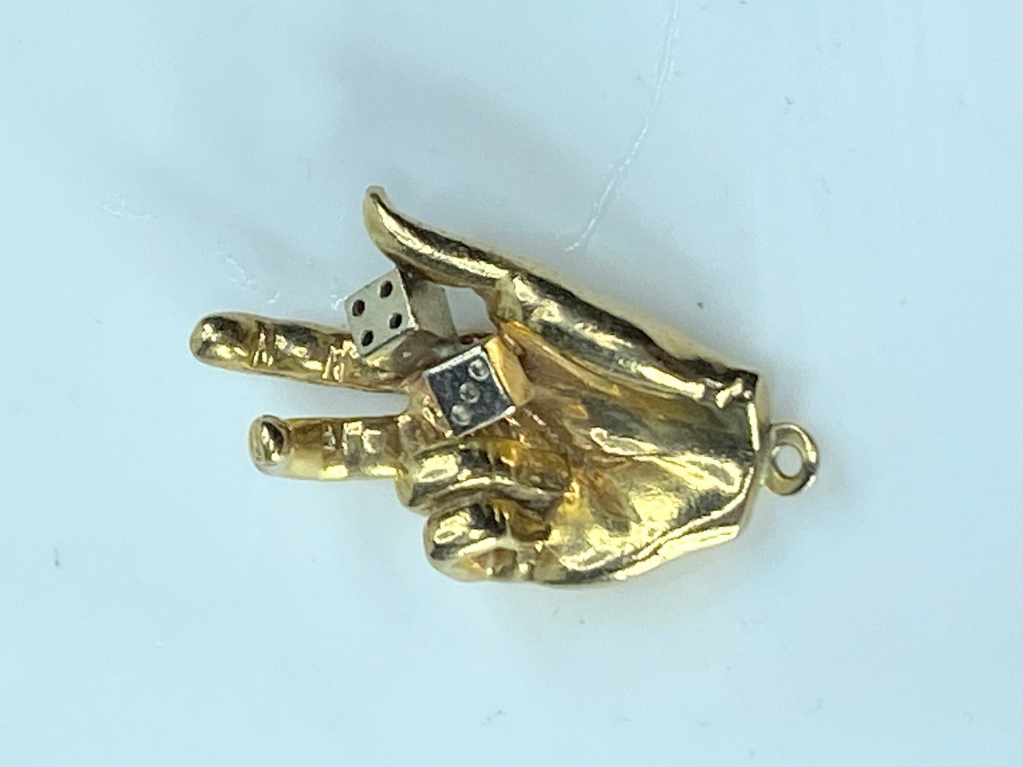 14K two tone gold dice on hand charm pendant 1 1/4" x 3/4" 11.4g JR192