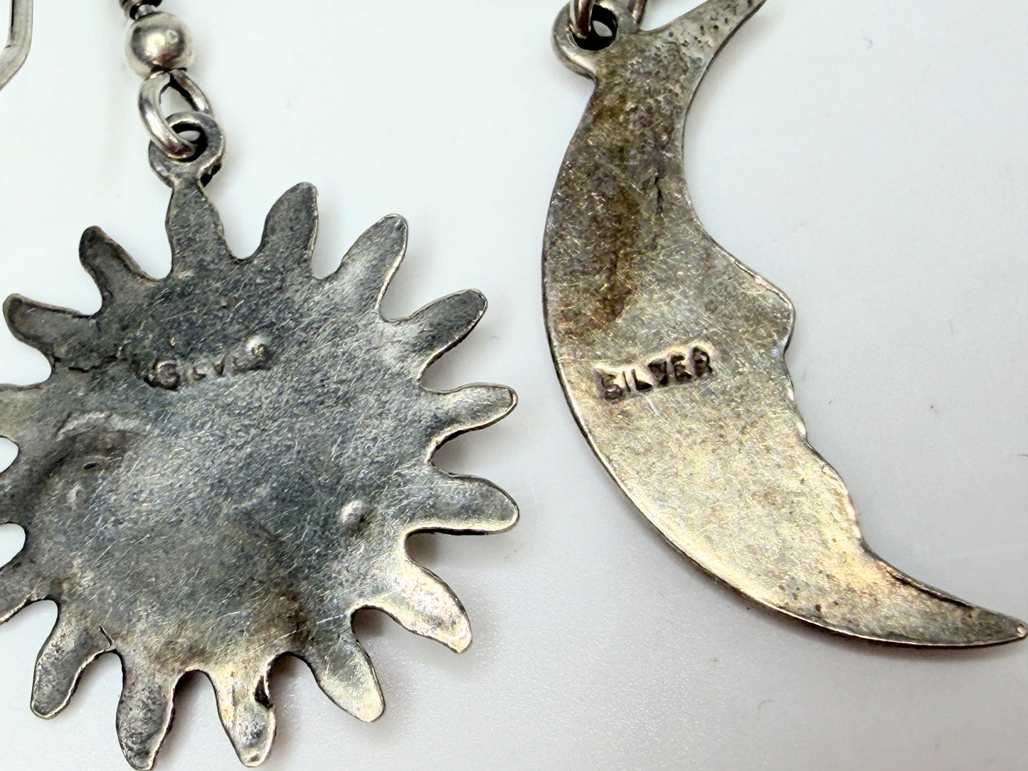 Vintage Sterling Silver Sun & Moon Asymmetric Drop Earrings 1 3/8” JR1289