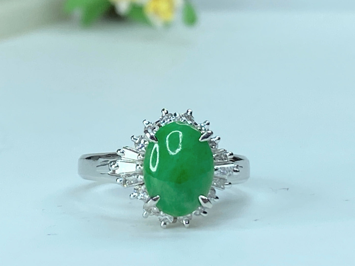 Platinum 3.01ct Jadeite cabochon 0.36ct G/VS Baguette diamond ring 5.7g s7 JR200